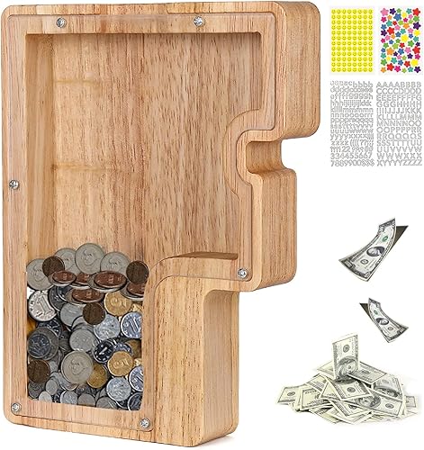 Miniatura 1 de Alcancía de madera con letras para niños y niñas, banco de dinero personalizado con letras para adultos con calcomanías del alfabeto, banco de