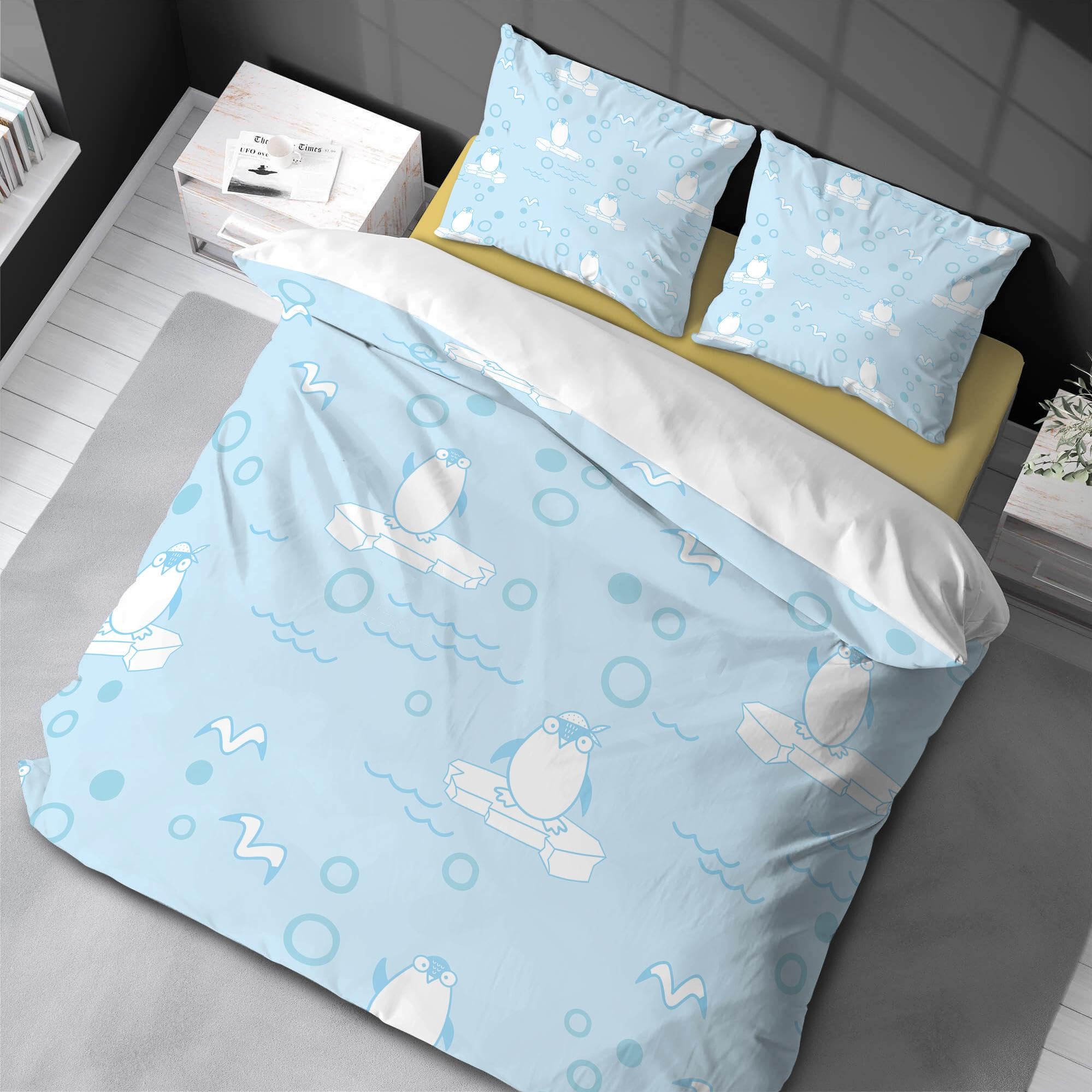 Parure de lit bleu clair pingouin en tissu brossé effet douceur absolue 150x210cm
