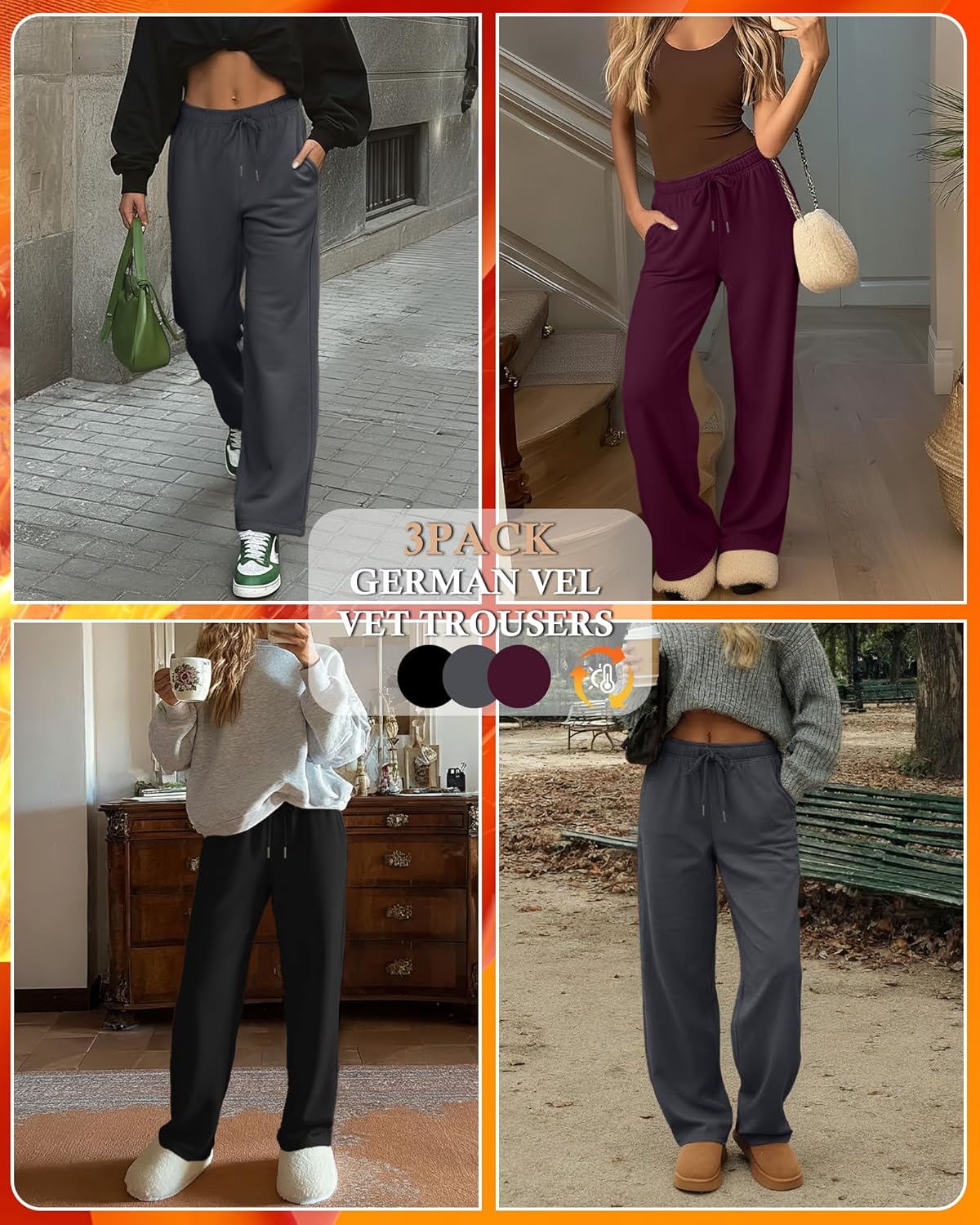 3 Pack Women's Fleece Wide Leg Sweatpants Thermal Baggy Athletic Pants Drawstring Lounge Pants with Pockets - Image 4