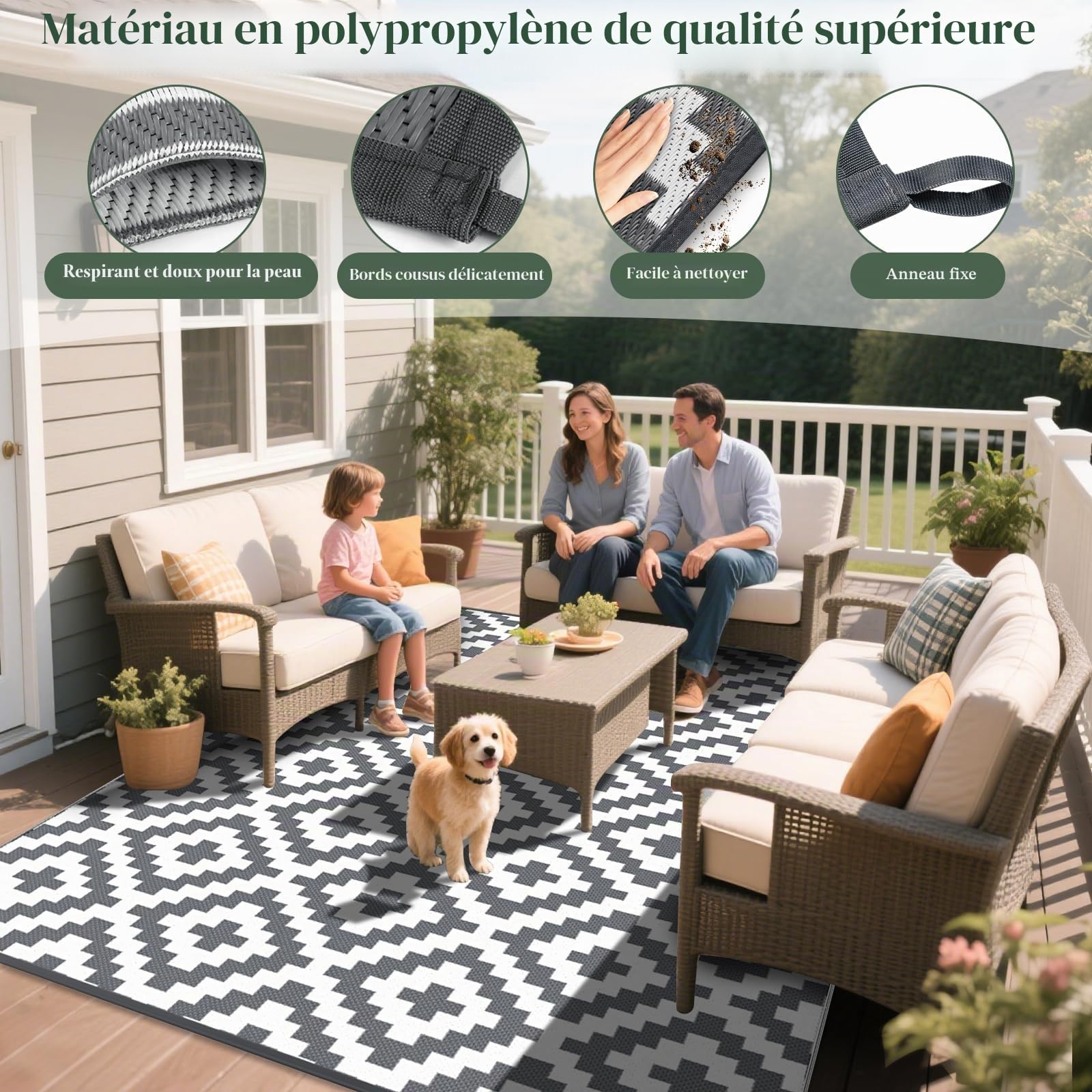 Mokani Tapis Exterieur Resistant Pluie, Tapis extérieur pour Patio, terrasse, Plage, Pique-Nique, arrière-Cour (150 x 240 cm, Gris & Blanc)