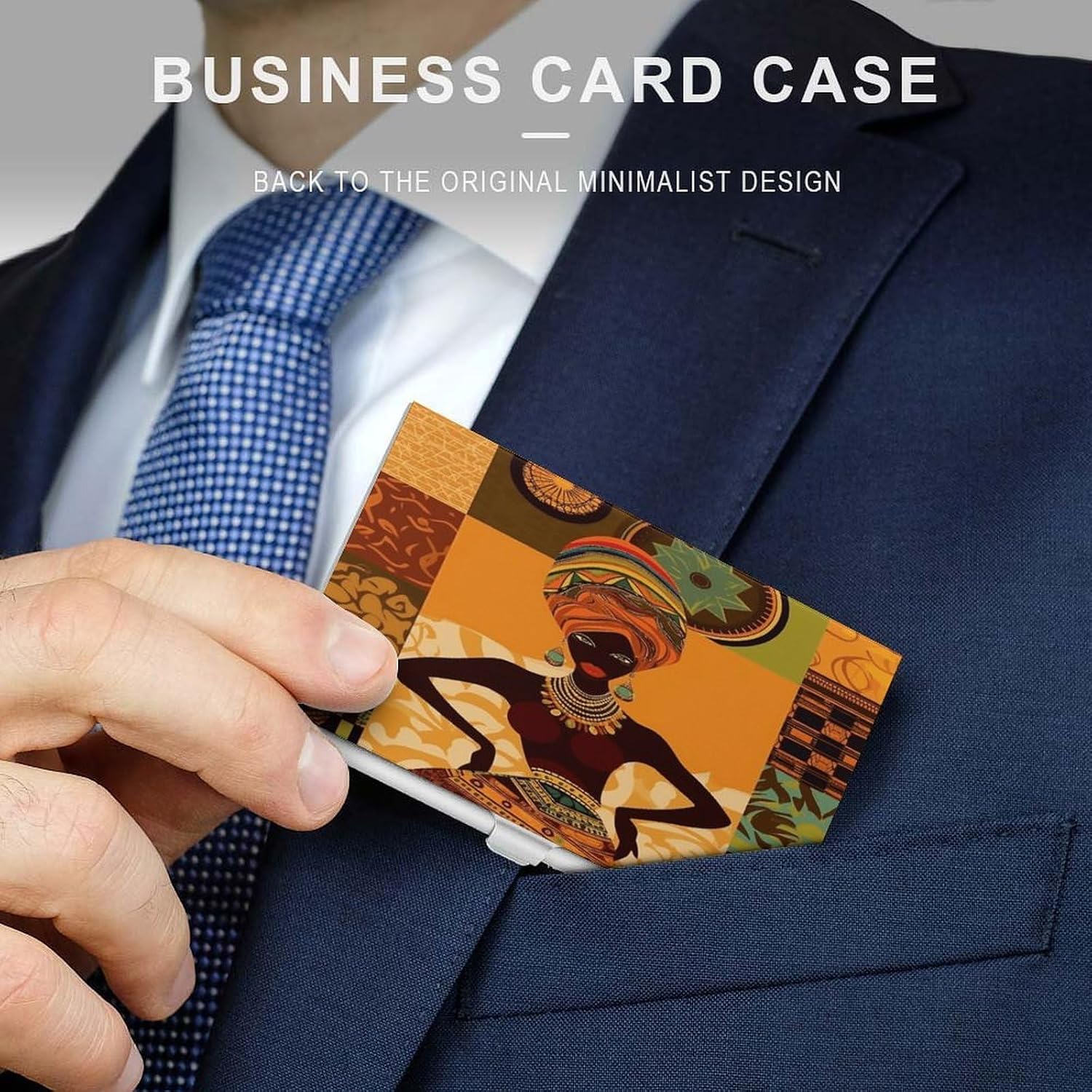 African Woman Business Card Holder Fashion Metal Business Card Case Professional Credit Card Protector Aluminum Alloy Flip Cover Slim Name Card Case Holder for Men Women