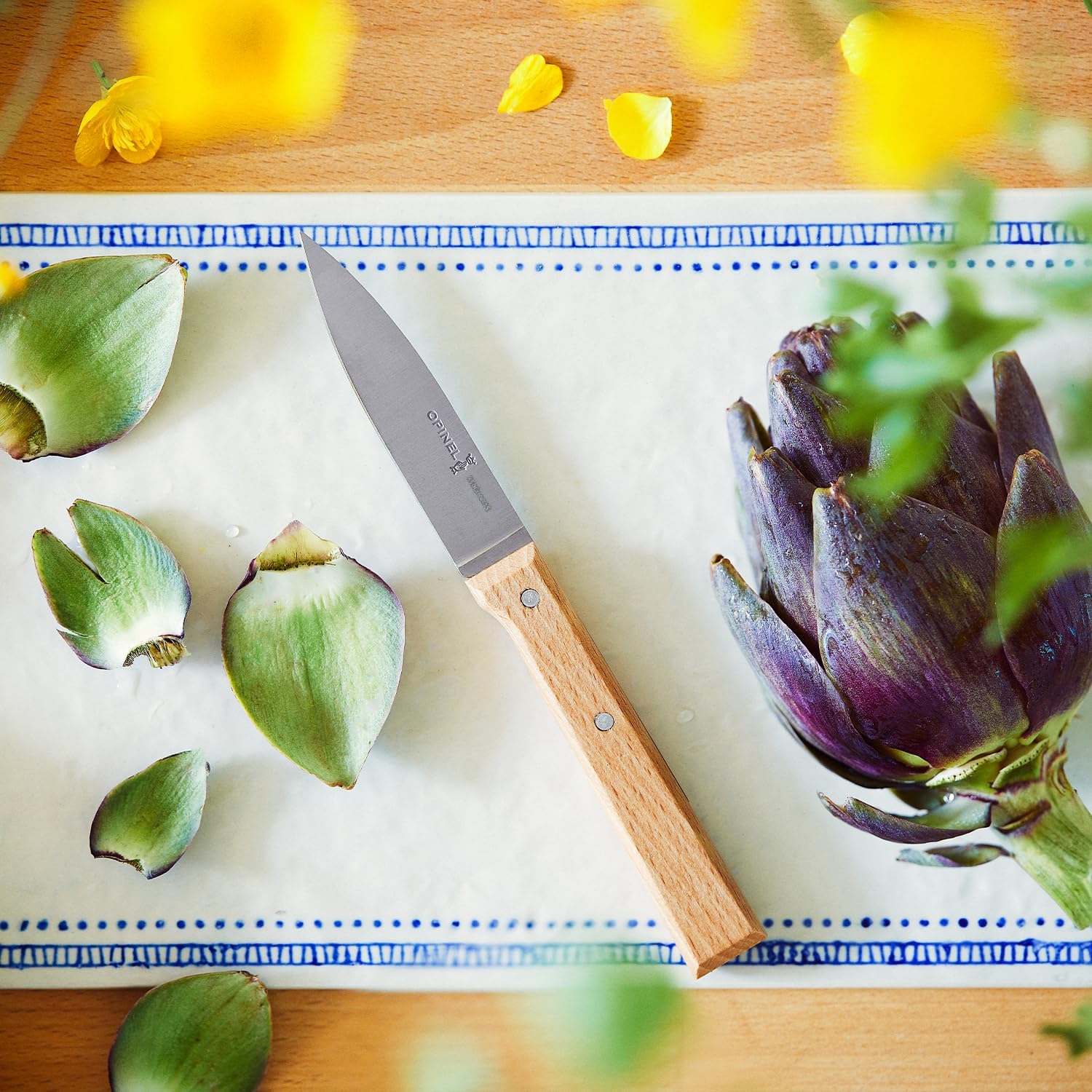 Opinel Parallele 5 Piece Kitchen Knife Set with Knife Block, Stainless High Carbon Steel Blades, Beech Wood Handles (5 Piece Block - Bread Knife)