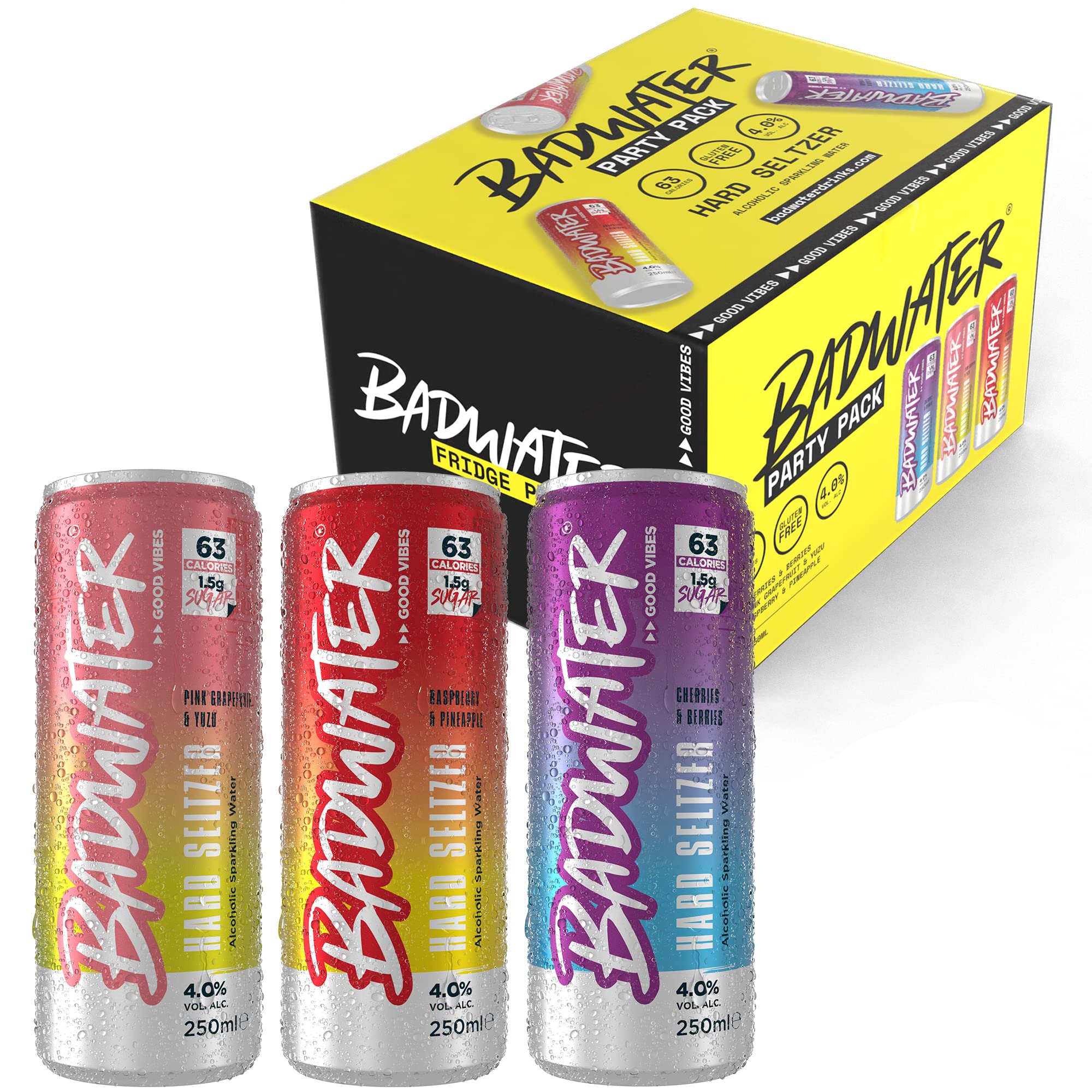 BadWater Hard Seltzer Mixed Party Pack (12 x 250ml), Alcoholic Sparkling Water with 4% Alcohol