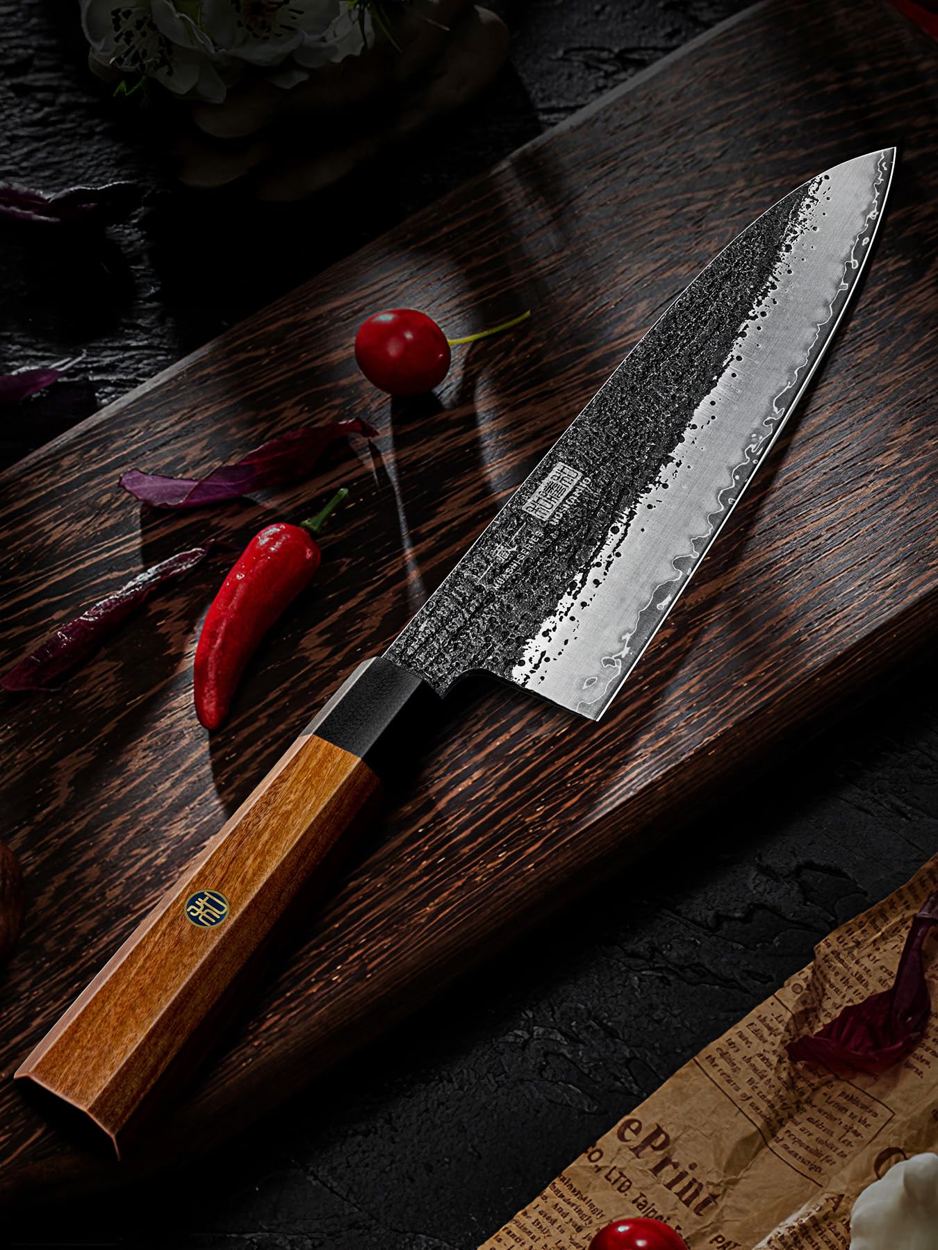 HOSHANHO Couteau de Chef 20 CM, Couteau de Cuisine 9 Couches 10CR15MOV en Acier au Carbone, Couteau Cuisine Professionnel Japonais Gyuto Chefs avec Poignée Octogonale en Bois de Rose