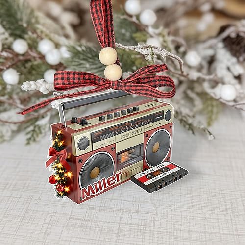 Miniatura 7 de Adorno de Navidad retro Boombox personalizado, plano 2D con nombre personalizado, reproductor de cassette de radio, decoración de árbol, único para