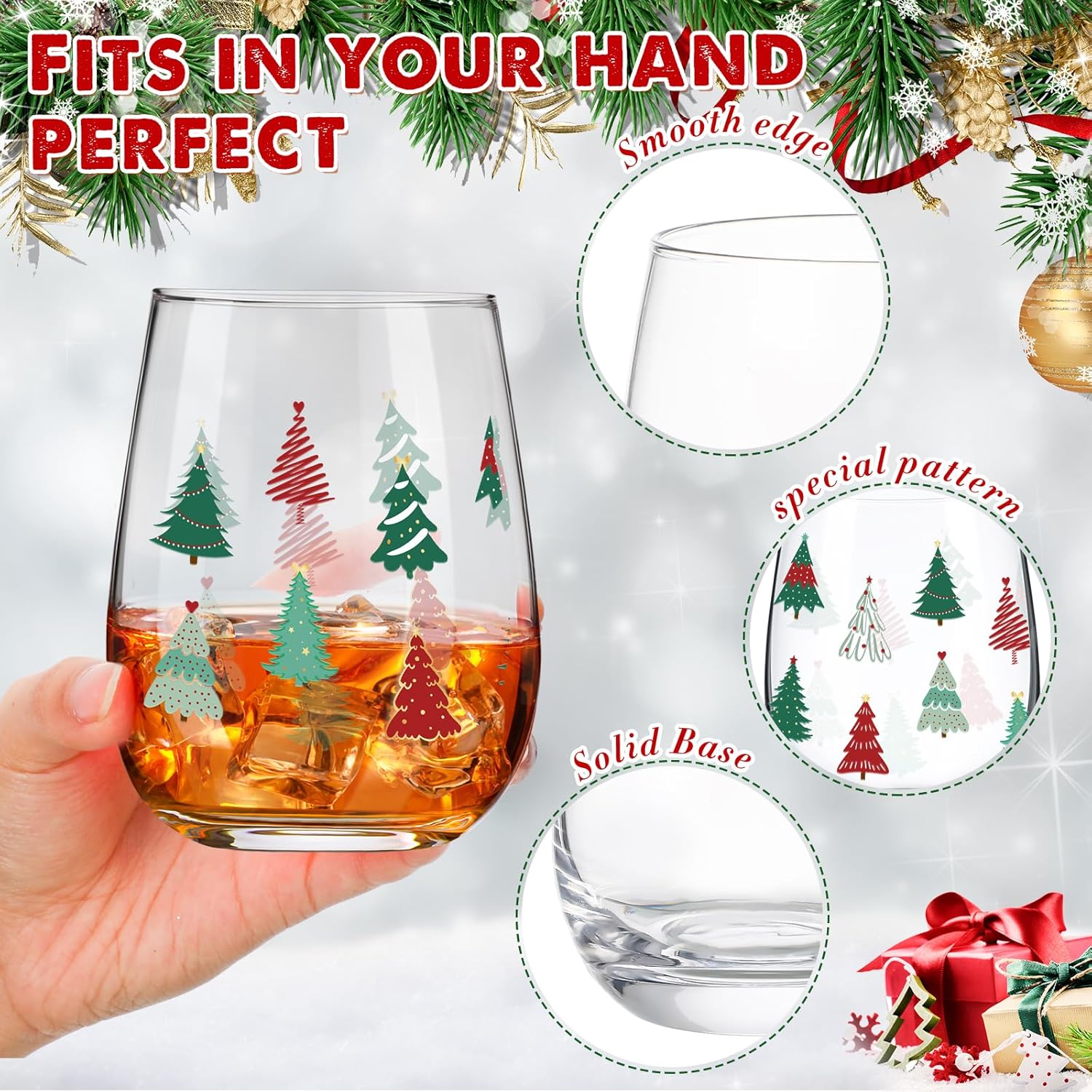 Maxcheck 10 Pcs Christmas Winter Wine Glass Cup, 17 oz Stemless Glasses with Christmas Design Birthday Gift for Friends Family Coworkers Winter Wedding Present Holiday Party Gift(Red Green,Tree)