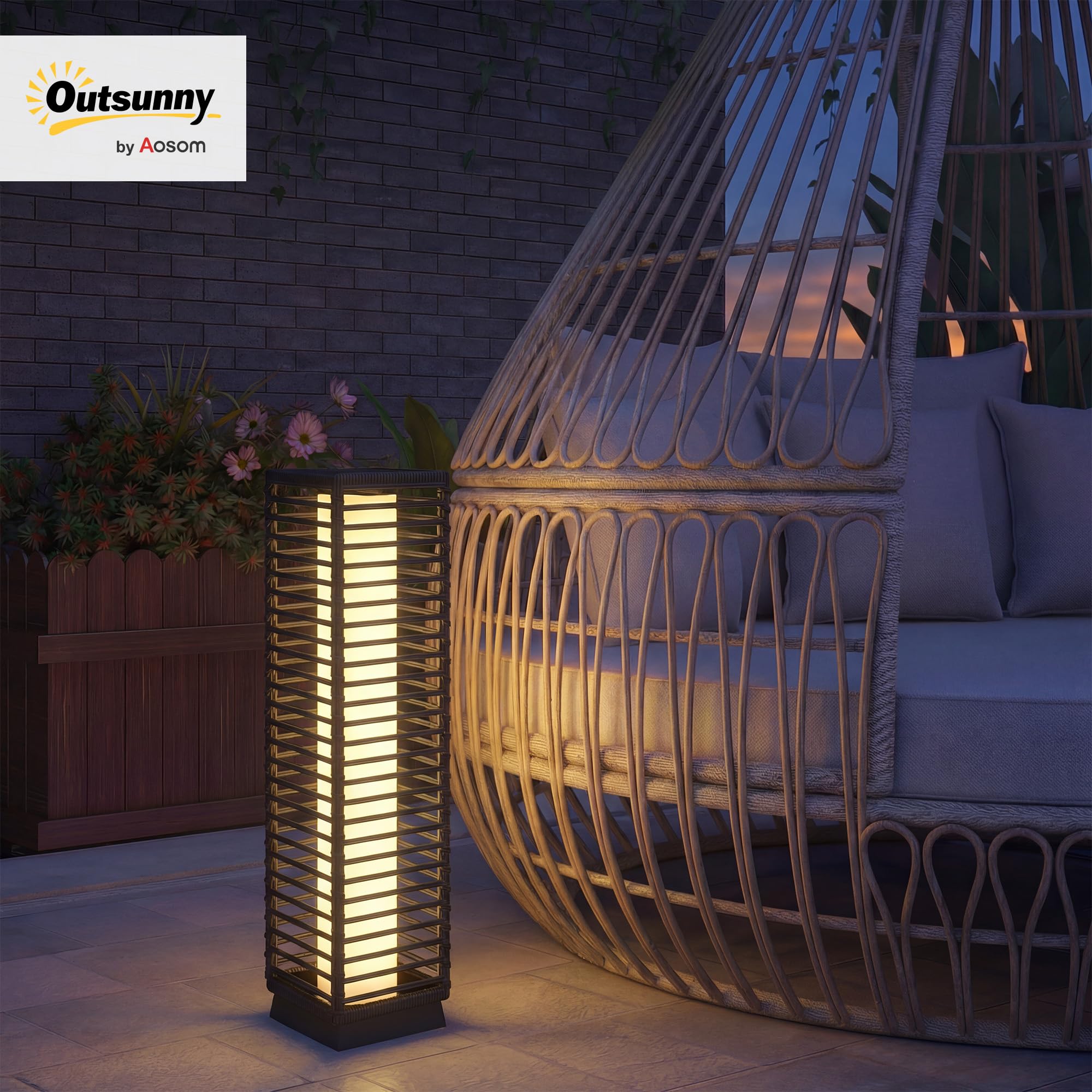 Outsunny Linterna Solar Exterior Resina Trenzada, Negro | Lámpara de pie inalámbrica, recargable, sensor de luz, LED