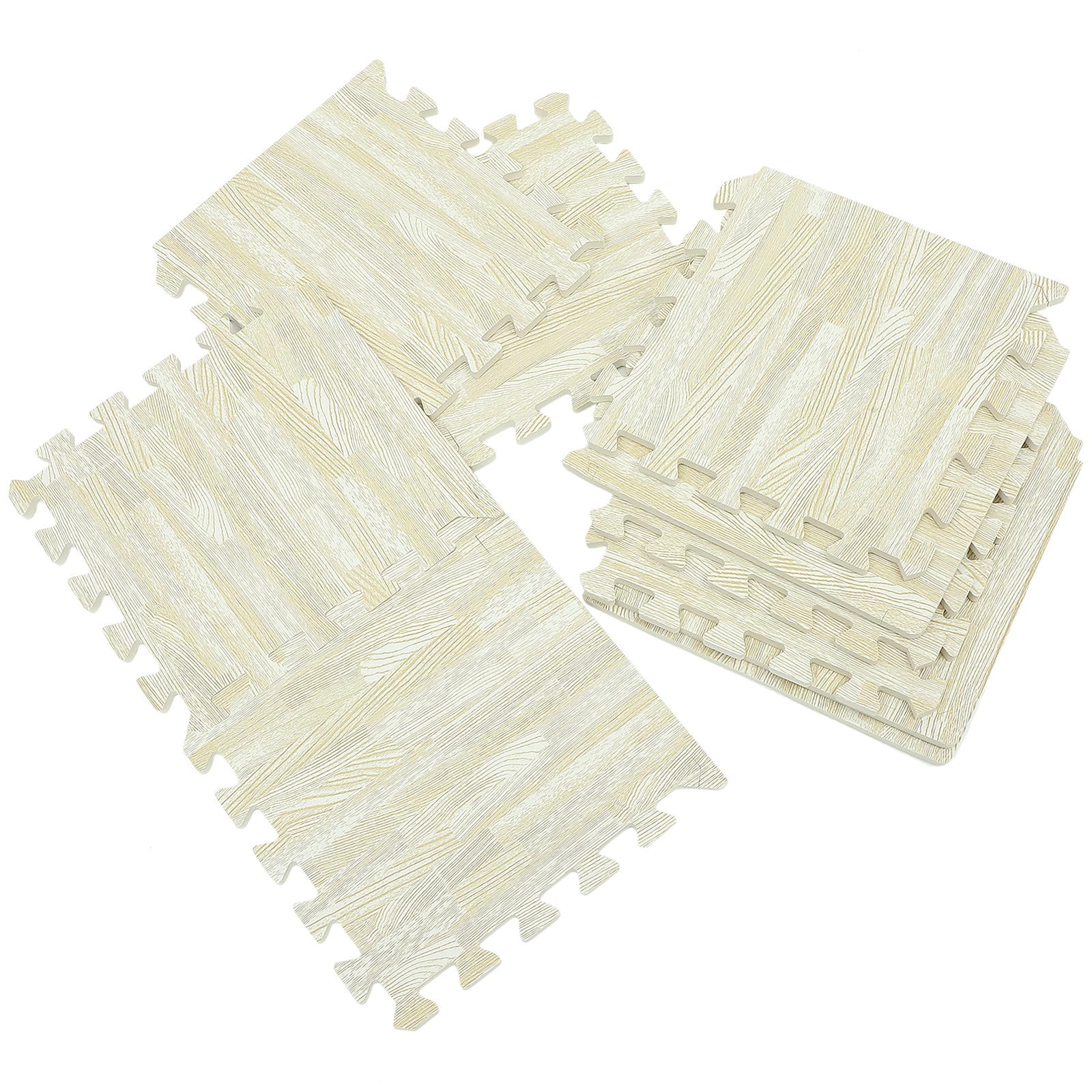 Kinder Krabbelmatte Puzzle aus Eva 10 Stück 30x30 Cm | Holzoptik in Beige, 1cm Dicke Steckelemente, für Liegen und Spielen im Kinderzimmer