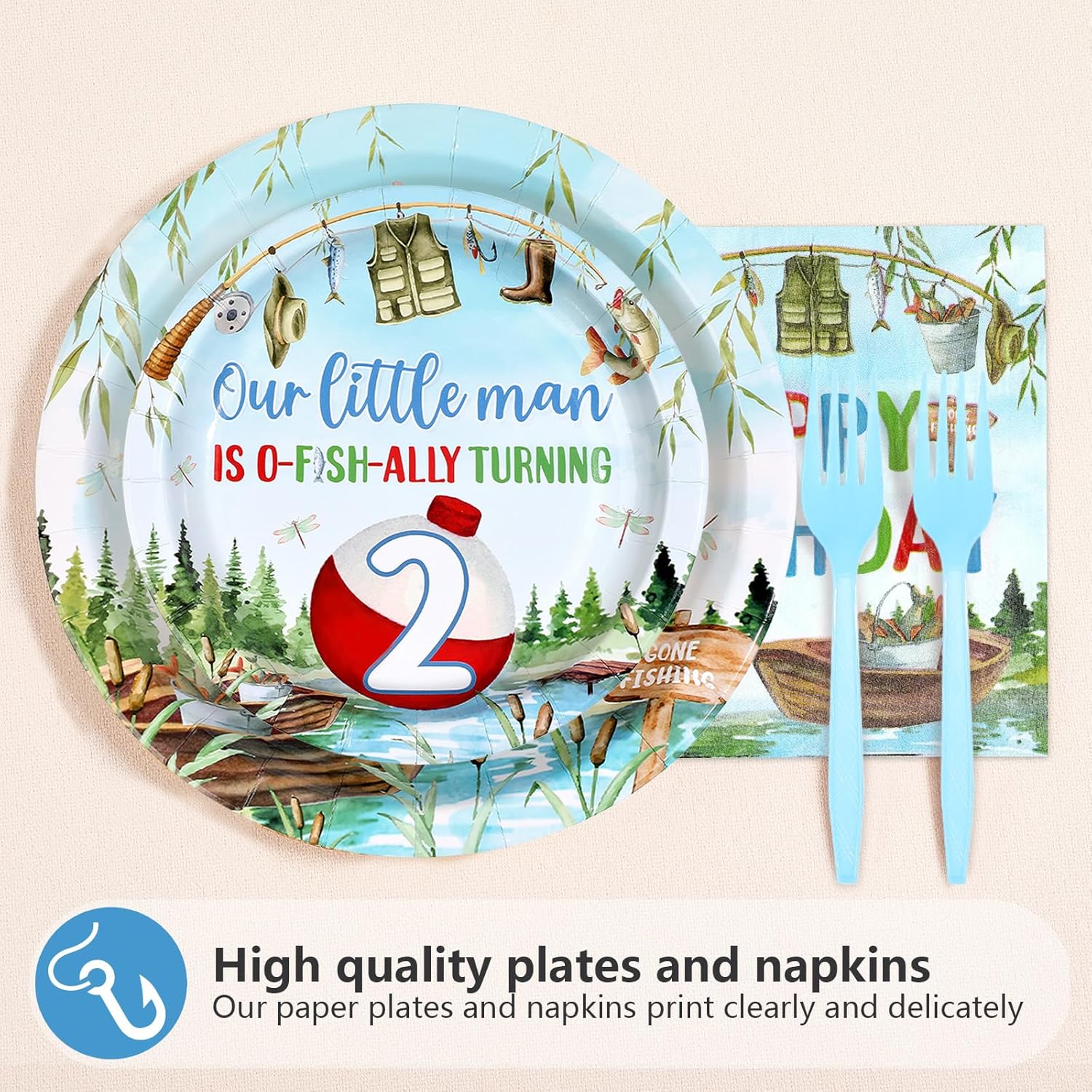 96Pcs Fishing 2nd Birthday Party Decorations Gone Fishing Two Paper Plates and Napkins Ofishally Two Disposable Tableware Set for Fisherman Baby Shower 2nd Birthday Party Supplies, Serves 24 - Image 2