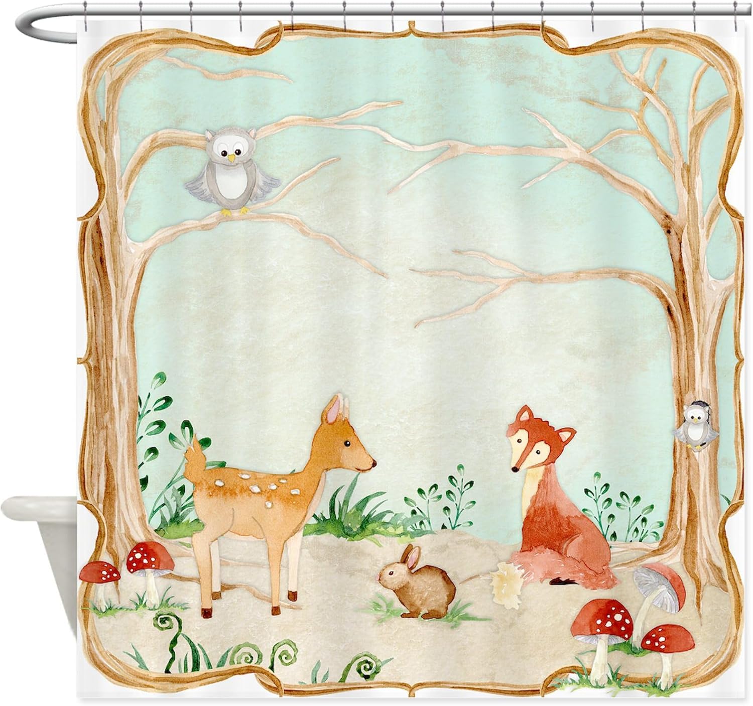 CafePress Woodland Creatures Animals Deer Fox Rabbit Owl Art Decorative Fabric Shower Curtain