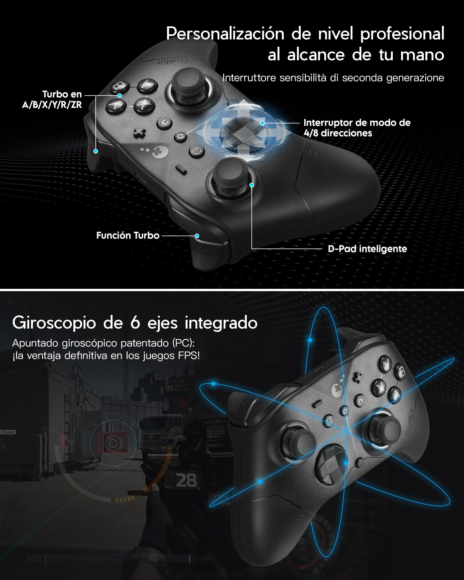 LONGYI GuliKit ES PRO Mando Inalámbrico para PC Switch 1/2 Android, el Mando más Rápido con una Latencia de 3,25 ms, Joysticks TMR, 30 Horas de Duración de la Batería y Función de Activación (Negro)