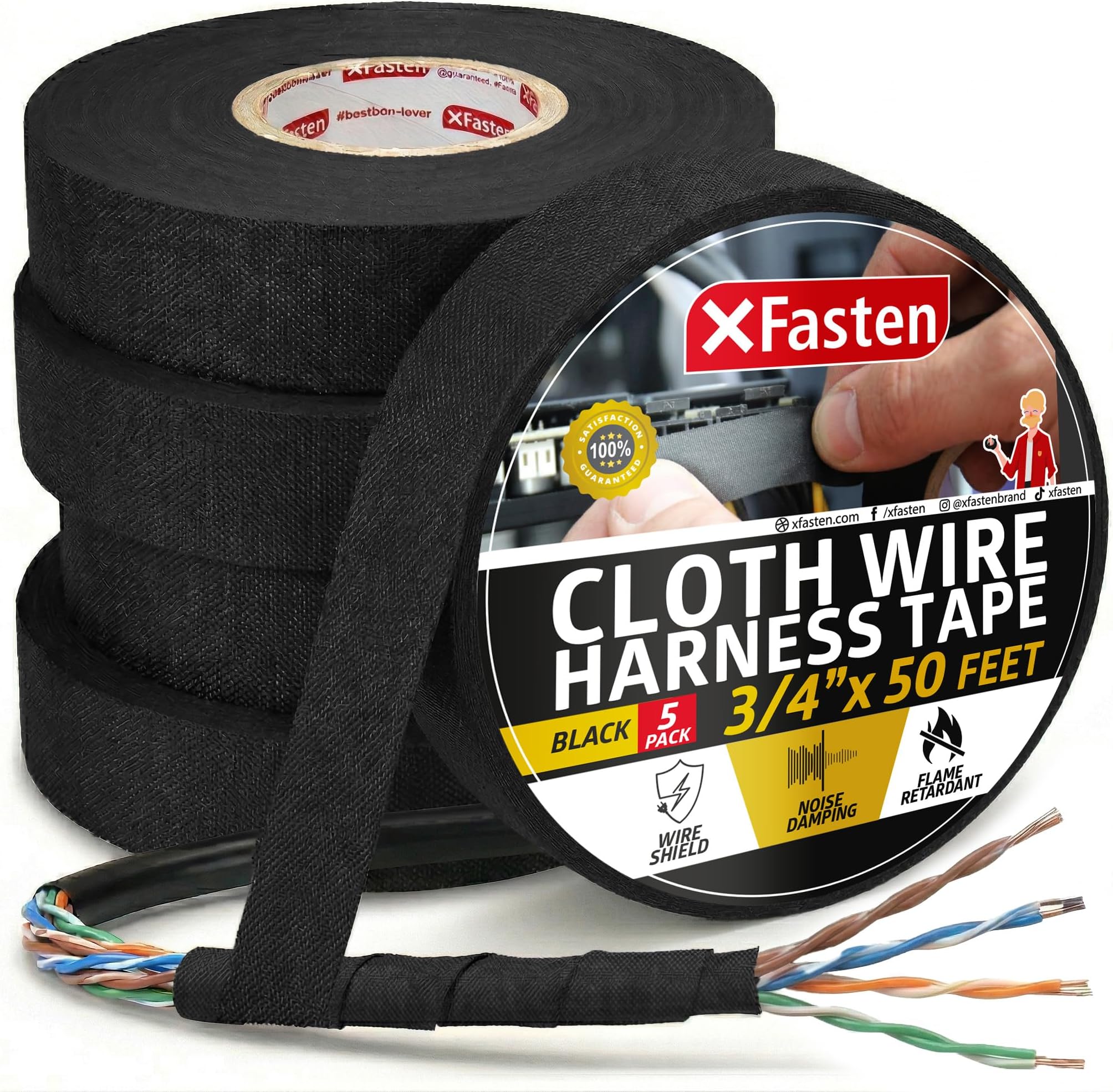 XFasten Wire Harness Tape, 3/4-Inch x 50-Foot (5-Pack), High Temp Wiring Loom Harness, Self-Adhesive Felt Cloth Electrical Tape for Automotive Engines, Noise Dampening, and Cable Protection