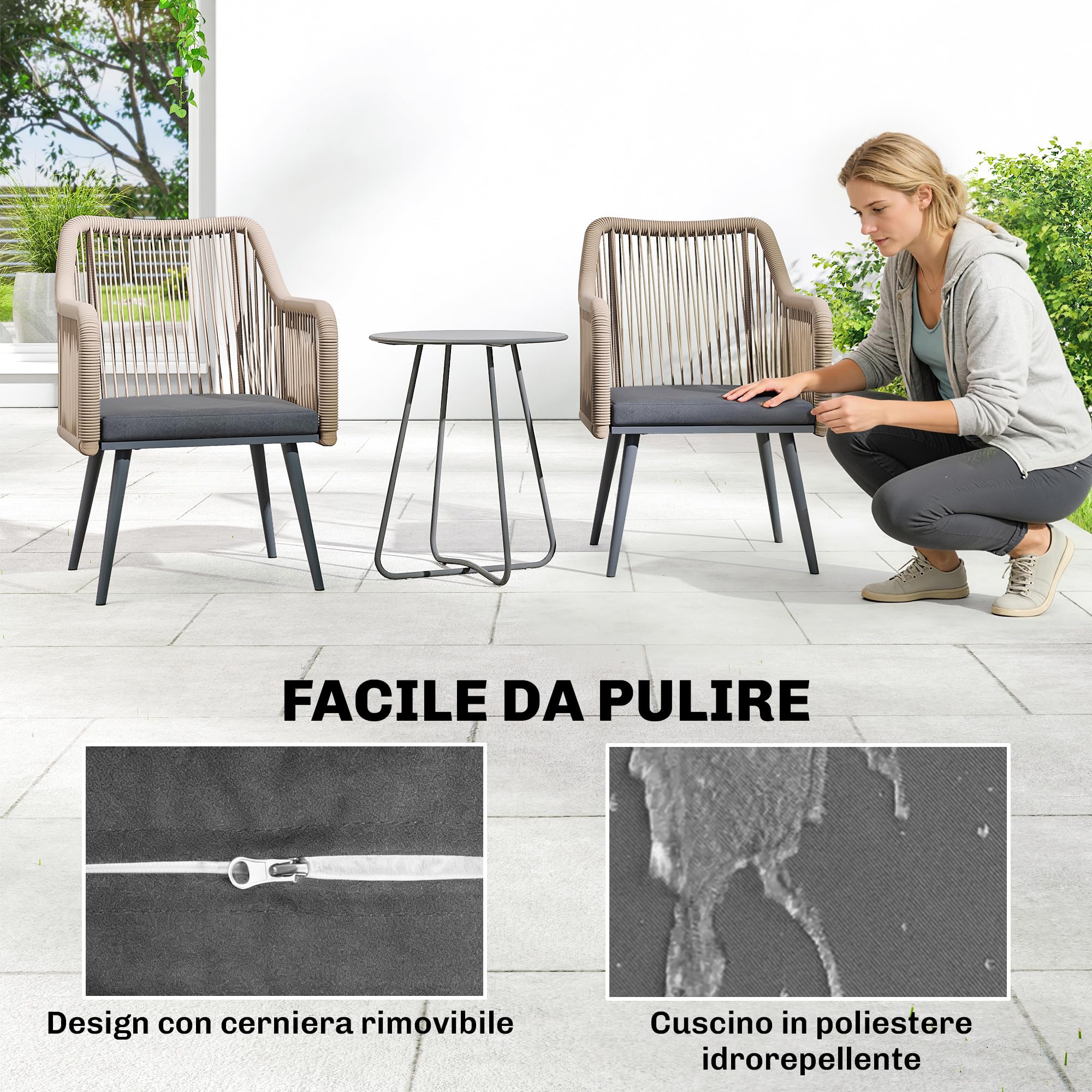 Outsunny Set 2 Sedie da Giardino in Rattan PE con Cuscini Morbidi Lavabili e Braccioli, Sedie per Pranzo da Esterno in Acciaio, da Patio, Balcone, Terrazza, Esterno, 54x65x80cm, Grigio Scuro