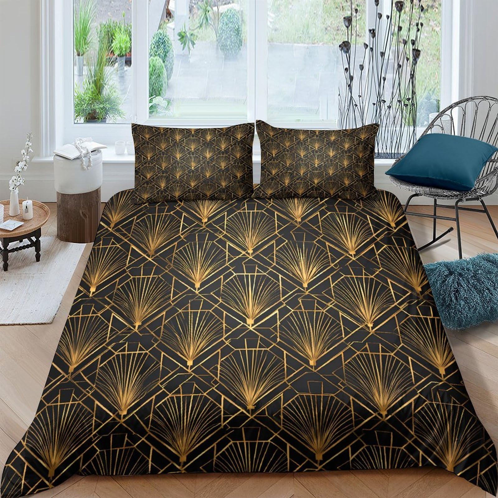 Ctjqhvkz Style-10 3D Printed Art Deco Geometric Fitted Sheet Microfiber Gold Black Mattress Cover Bedroom Decor Anti-Slip Washable Single（135X200cm）