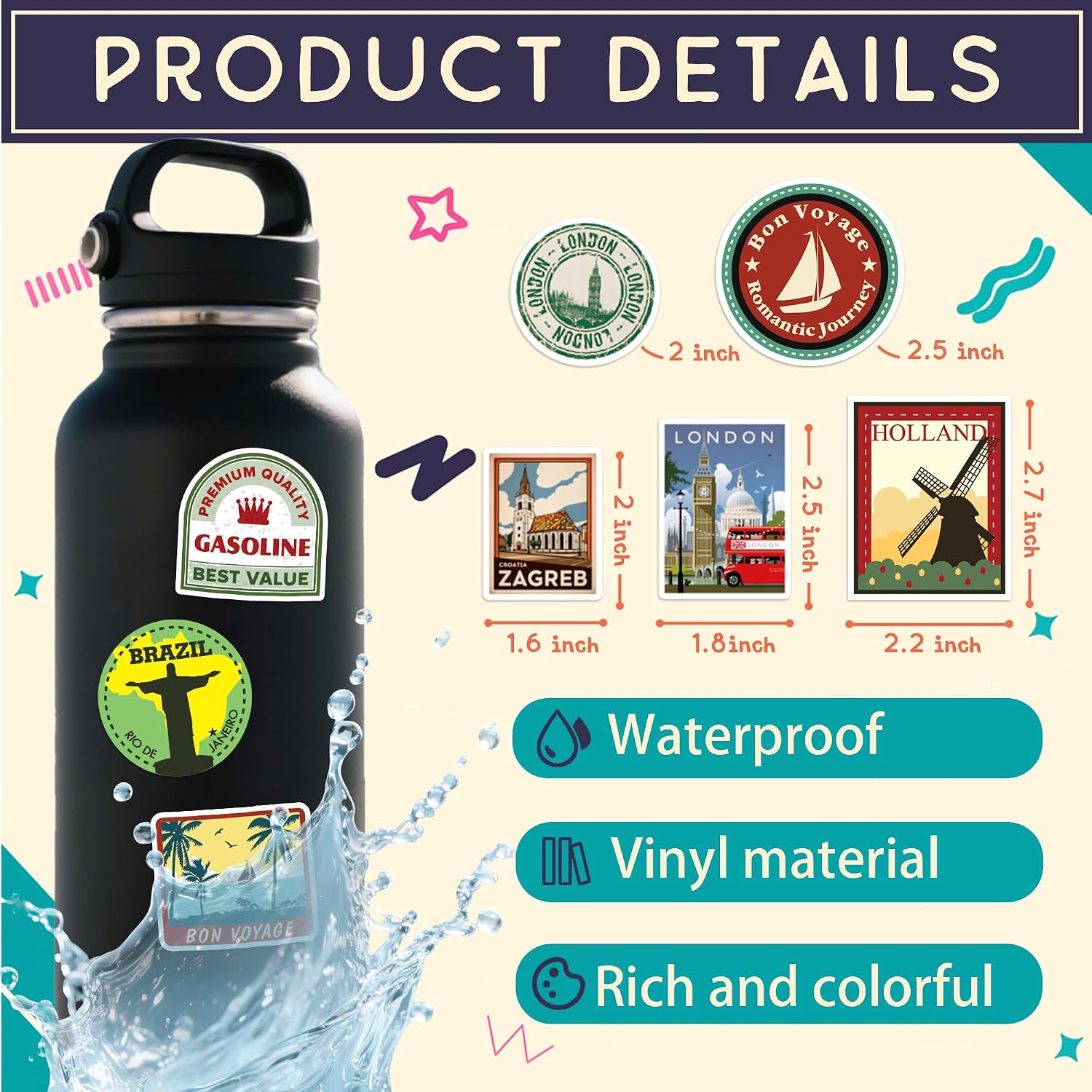200PCS World Travel London Stickers Pack for Luggage Water Bottle, World Map Europe London City Landmark Waterproof Vinyl Travel Sticker for Suitcases Laptop Scrapbooking-A19