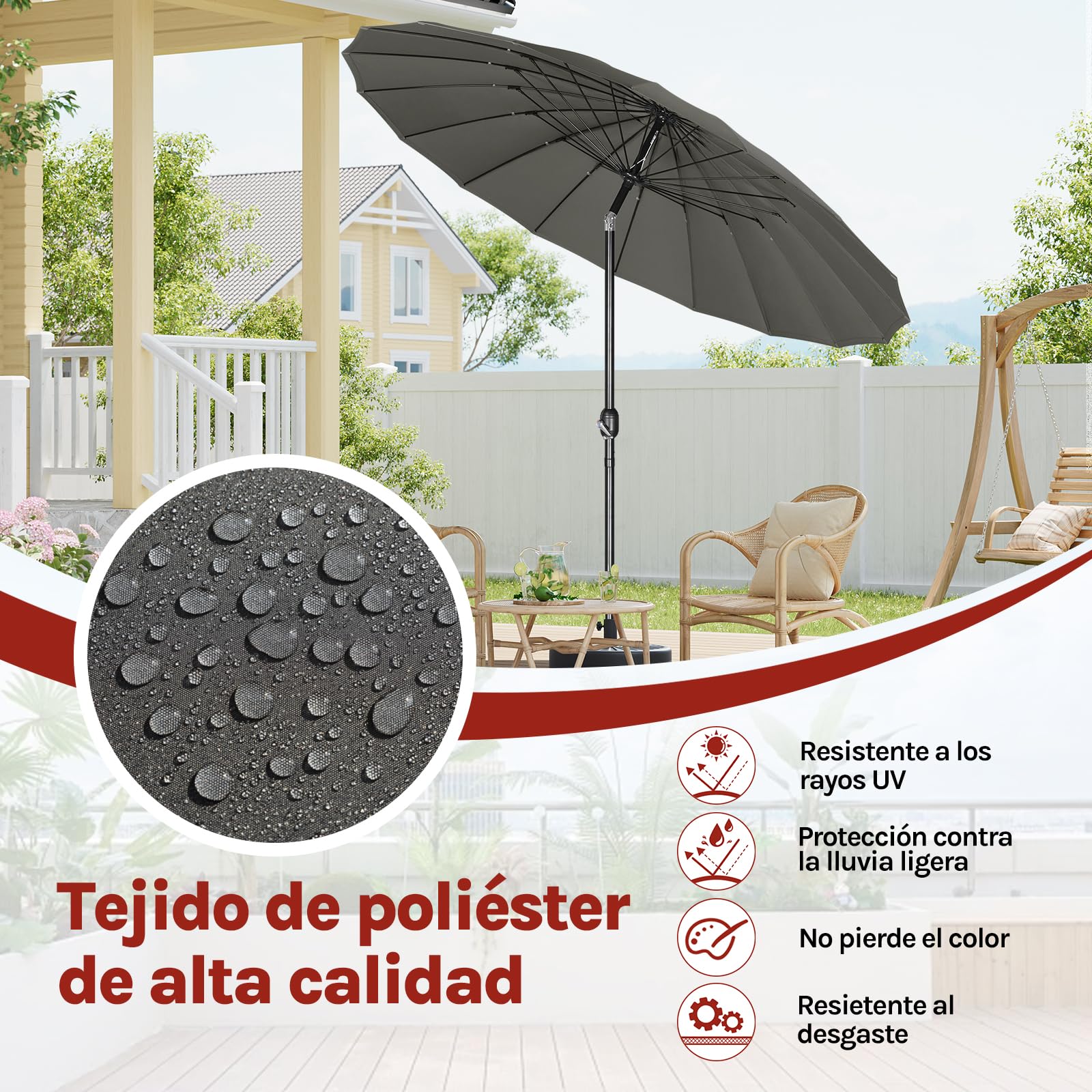 WOLTU Sombrilla de Jardín Grande, Ø257/273 cm, Sombrilla Playa con Manivela, Parasol de Exteriores con 18 Varillas Resistentes, Cortavientos, para Terraza, Patio, Piscina, Gris Oscuro
