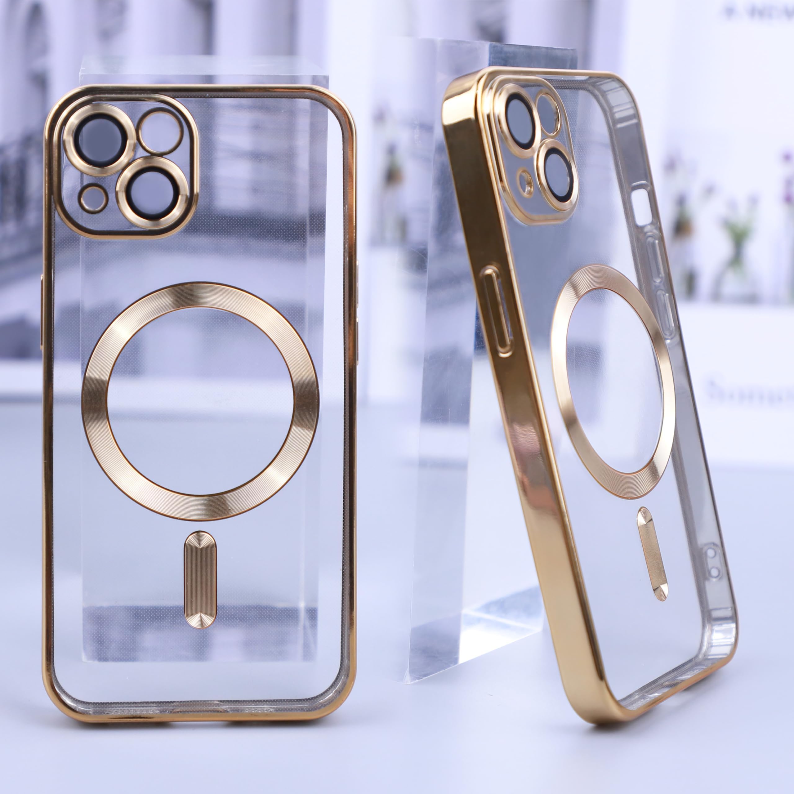 Cover Magnetica iPhone 15 Custodia Compatibile con MagSafe, Protezione Antiurto di Livello Militare Telefono Silicone [Copertura della fotocamera], Oro Trasparente