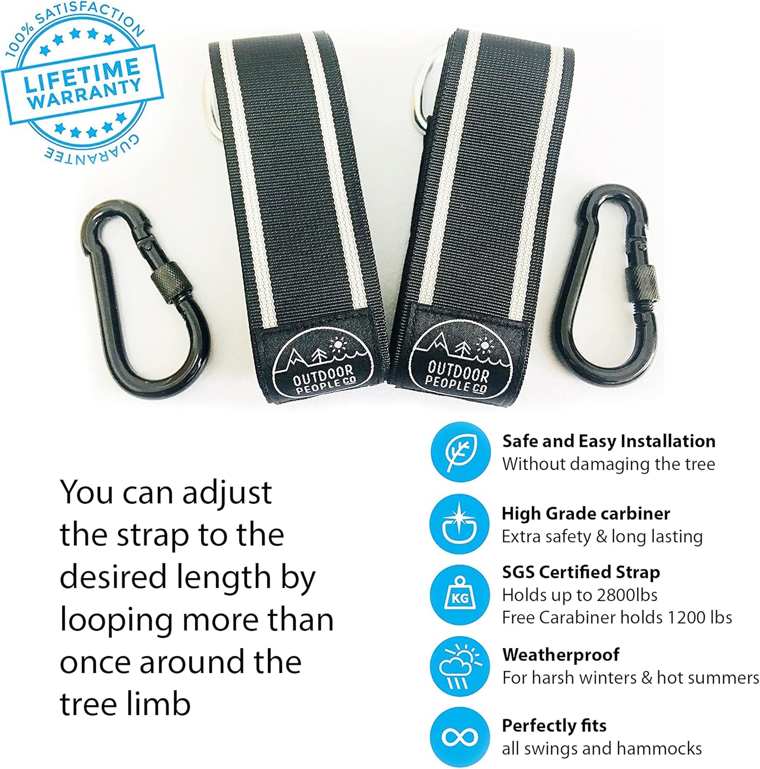 Outdoor People Co Set of 2 Tree Swing 10ft Strap Hanging kit with Travel Carry Handy Bag with Safe Lock Carabiners and Hooks,2500lbs Breaking Strength for Securing Hammocks-Tree Swings and Tires
