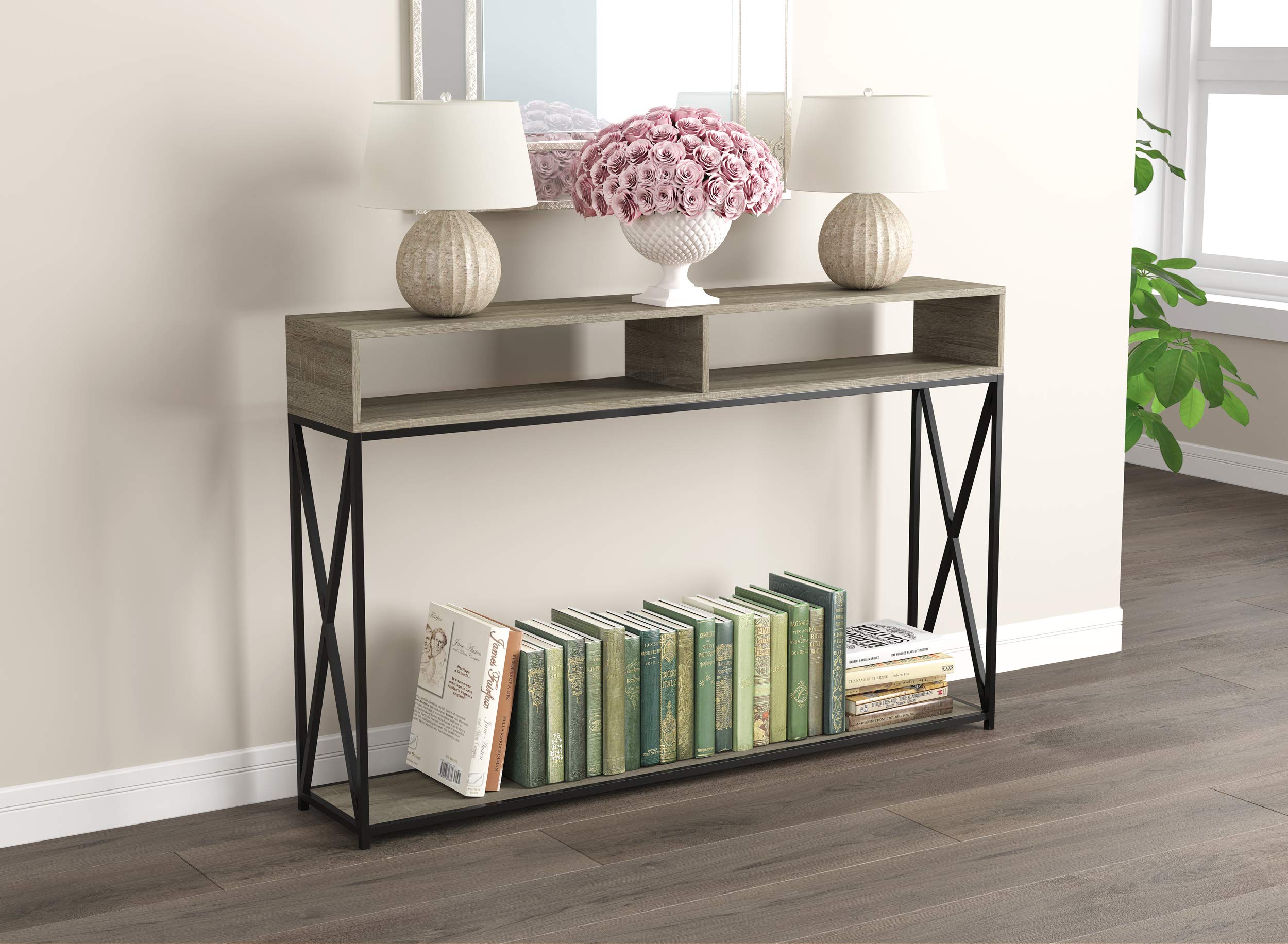 Safdie & Co. - Dark Taupe Farmhouse Entry Table with 2 Open Shelves, Console Tables for Entryway, Use As Doorway Table, Hallway Desk, or Accent Furniture for Decorating Foyer, 26 x 10 x 23 Inches