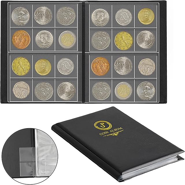 Coin Collection Album 120 Pockets - 4.2x4.0cm/1.6x1.5 inch 10 Pages black coin book Coin Collection Holder with plug-in pocket sheet Money Penny Pocket for Collectors CS5012BK