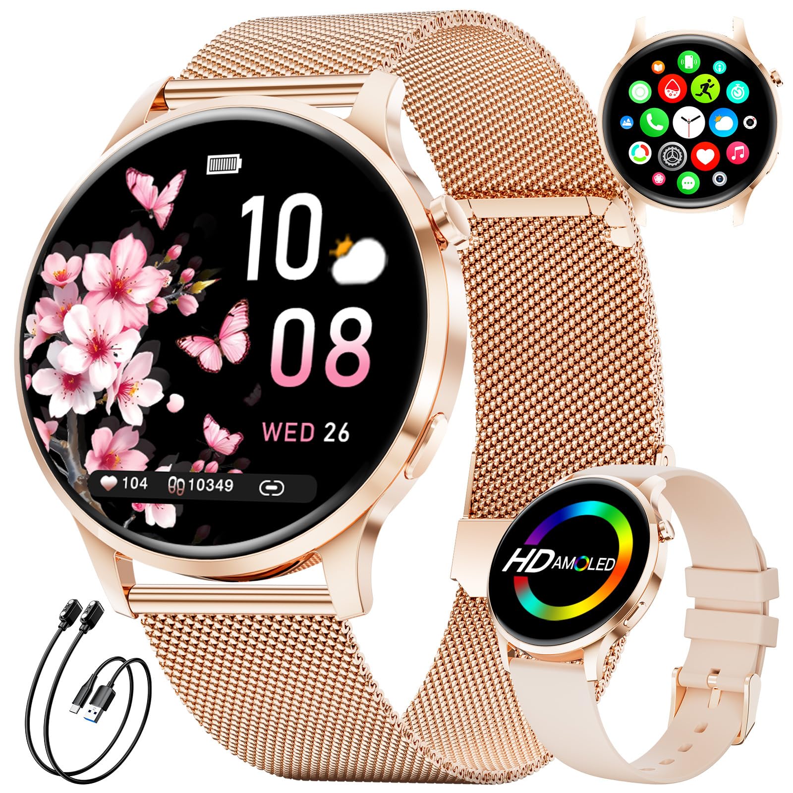 Smartwatch Donna, Display AMOLED 1,32" Ultra-sottile, Chiamate Bluetooth, IP68 Impermeabile, 116 Modalità Sport, Monitoraggio del Ciclo/Frequenza Cardiaca e Sonno, 2 Cinturini e 2 Cavi Inclusi, FV23-C