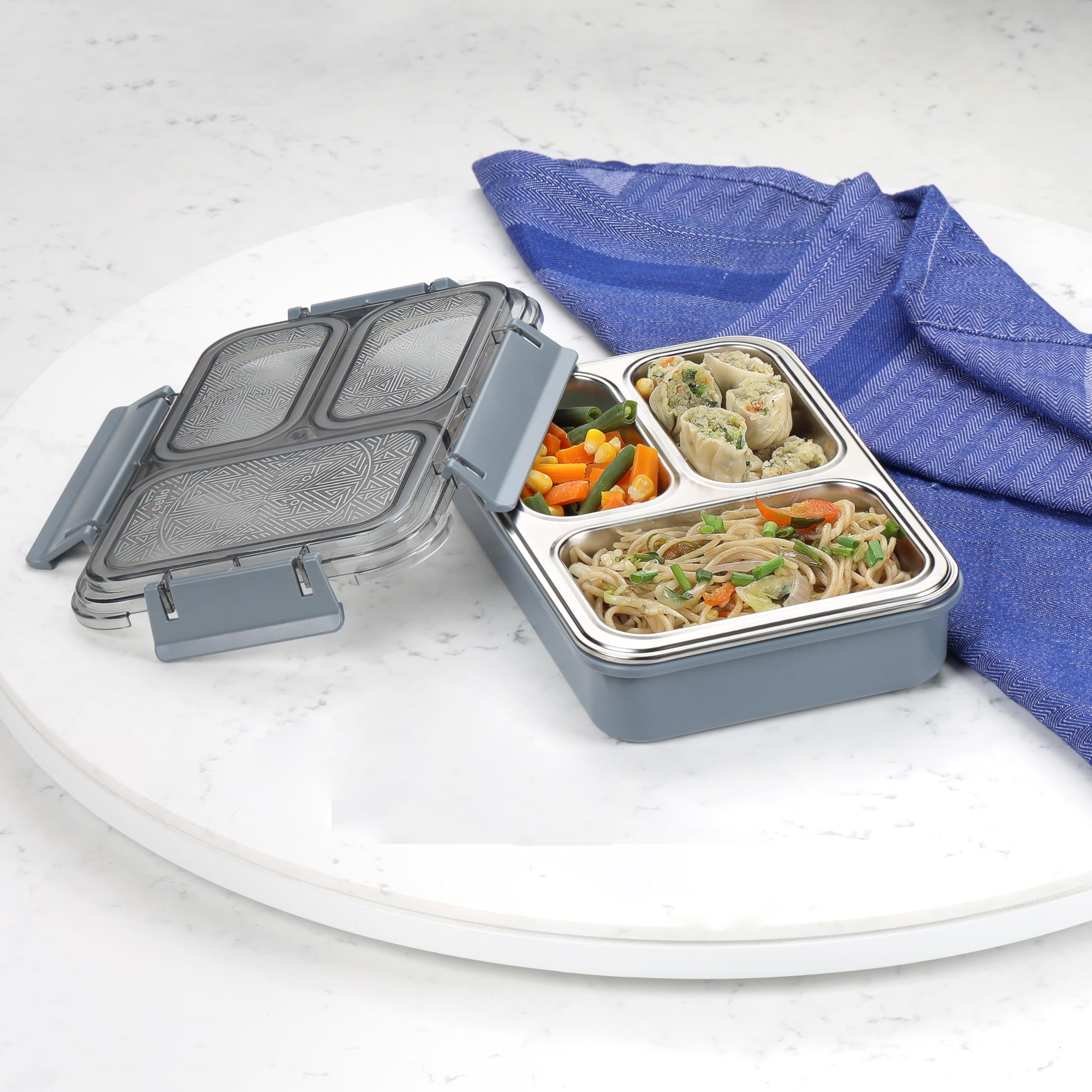 CELLO Tri Lunch Insulated Lunch Box | Inner Stainless Steel Compartment | Silicon Seal in The Lid with with 4 Sided Click Locks | Ideal for College,Office, Outdoor Activities | Grey | Set of 1 (B0CYTF1PJQ) Amazon Price History, Amazon Price Tracker
