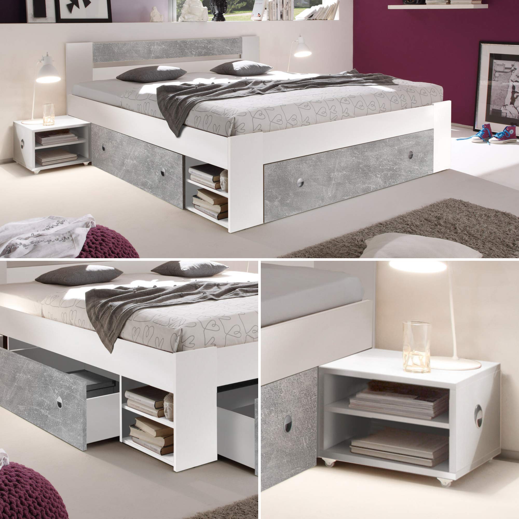 STEFAN Moderne Doppelbett Bettanlage 140 x 200 cm mit 2x Nachtkommoden - Schlafzimmer Komplett-Set in Beton-Optik, Weiß - 145 x 86 x 204 cm (B/H/T)