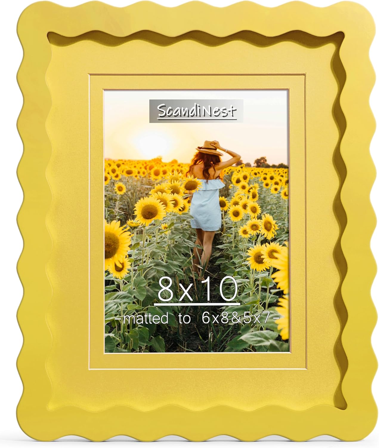 Scalloped 8x10 Picture Frame, Real Glass Wood Frame with Reversible Mat for 5x7/6x8 Prints, Wavy Edge for Wall or Tabletop, Decorative Photo Frame, Yellow