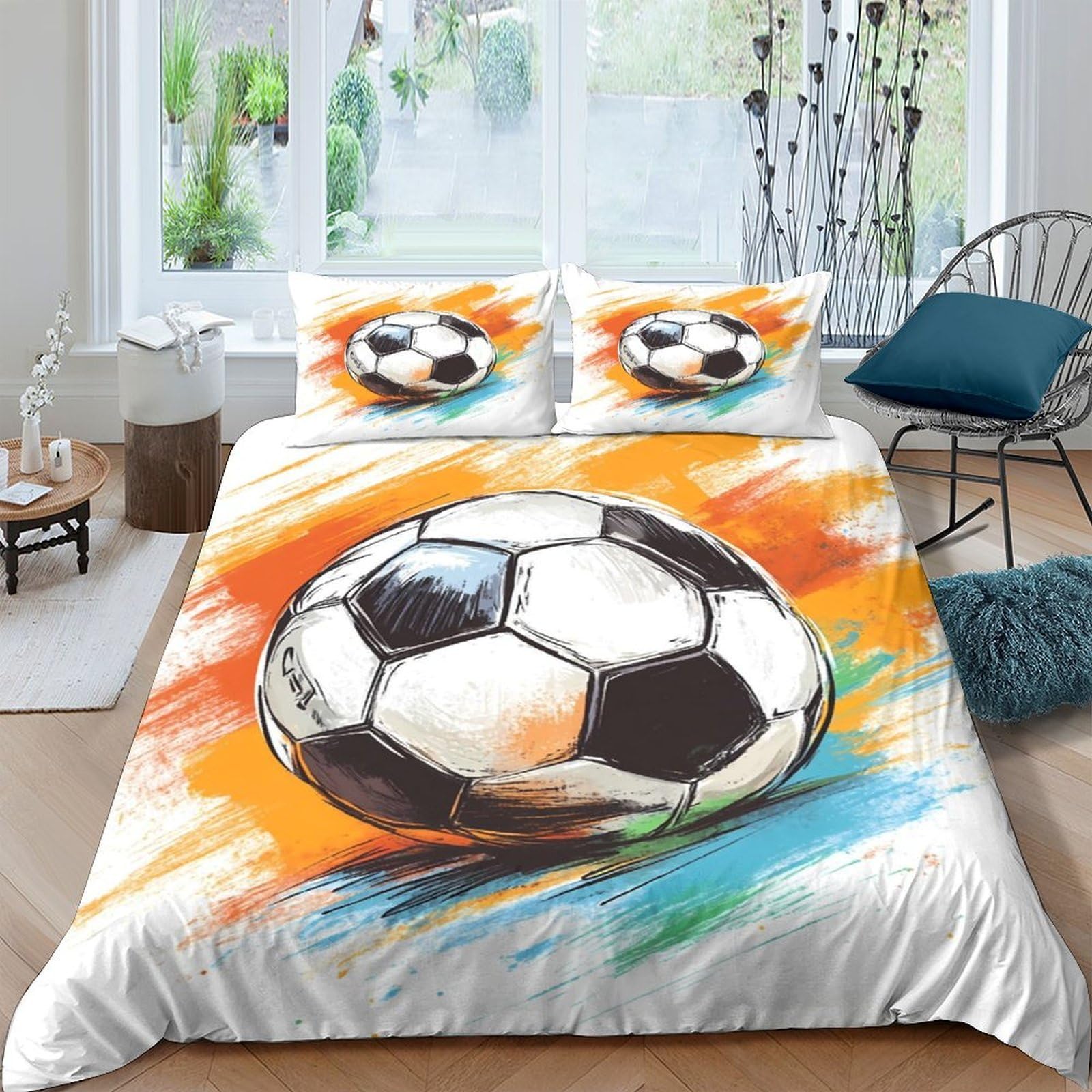 Ctjqhvkz Style-10 3D Printed Football Art Fitted Sheet Microfiber Soft Orange Blue Graffiti Soccer Bed Cover For Bedroom Dorm Single（135X200cm）