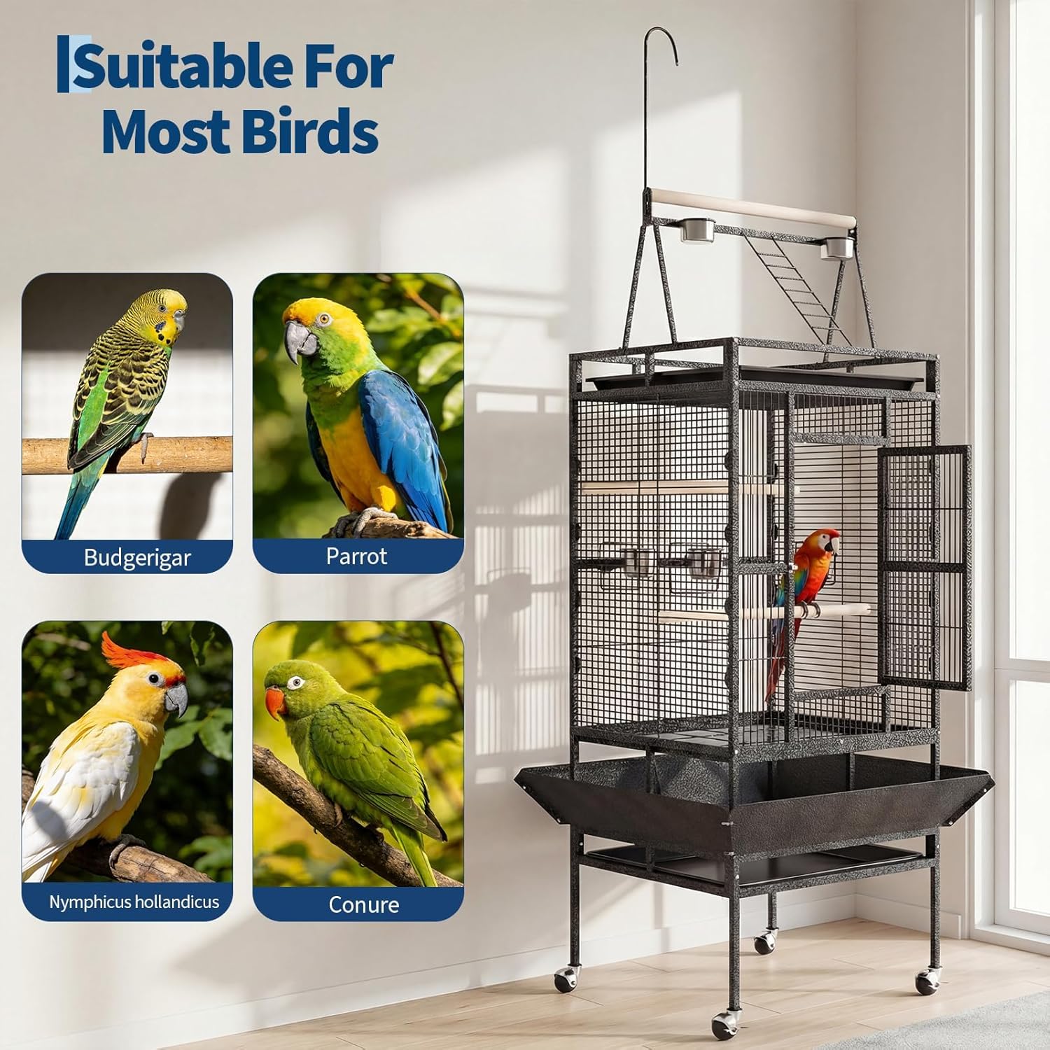 Large 82" Parrot Cage with Wheels, Play Top & Rope Perch - Spacious Flight Bird Cage for Parakeets, Cockatiels, Conures - Powder-Coated Speckled Black