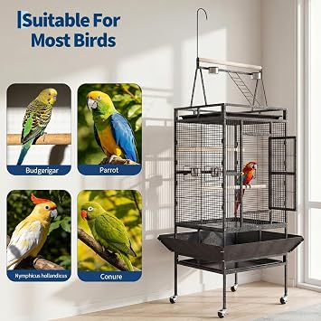 Garvee Extra Large 208cm Parrot Cage with Play Top & Rolling Stand, Heavy Duty Wrought Iron Bird Aviary with Rope Perch & Removable Tray For Budgies, Cockatiels, African Greys, Speckled Black