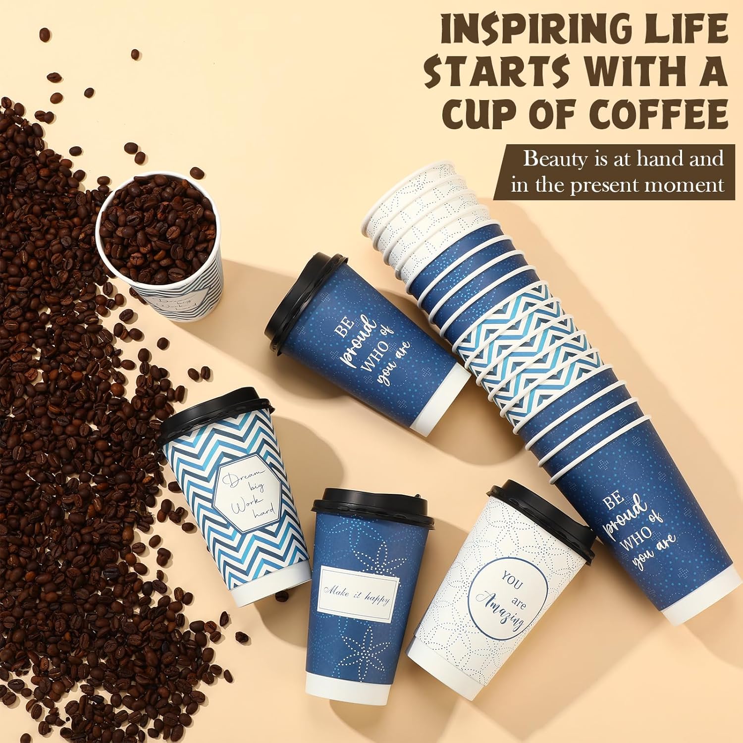 Honeydak 80 Pack Disposable Coffee Cups with Lids 16oz Hot Chocolate Cups with Lids Bulk Cocoa Supplies Double Insulation Appreciation Gift with Inspirational Words for Shop Office