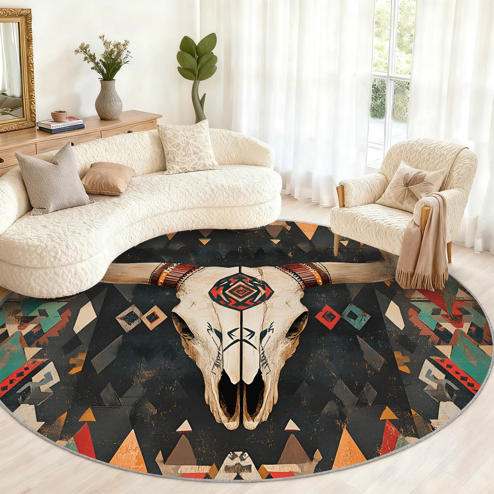 Tapis circulaire géométrique lavable et antidérapant style bohème