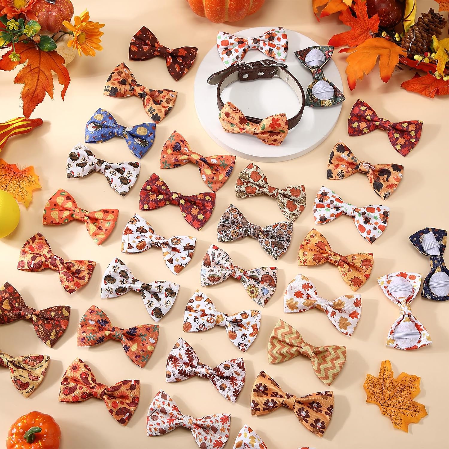 Reginary 50 Pieces Dog Bow Ties Pet Collar Bow Puppy Collar Attachment with Rubber Bands for Small Medium Cat Pet Grooming Charms Accessories Wedding Birthday Occasion(Autumn Style)