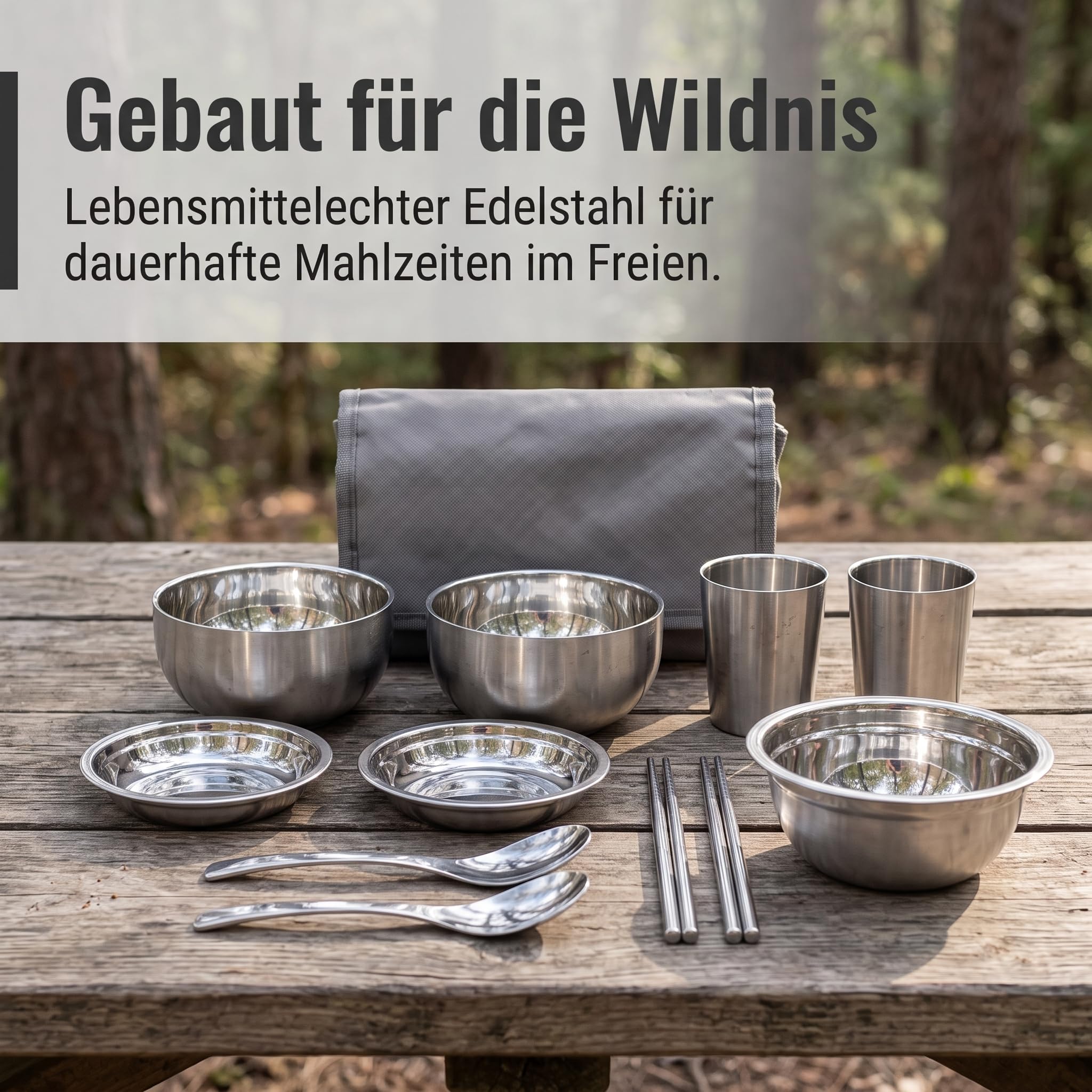 Camping Geschirr Set aus Elstahl, tragbares Outdoor Besteck Set für und Picknick, 11-teiliges Set aus Edelstahl