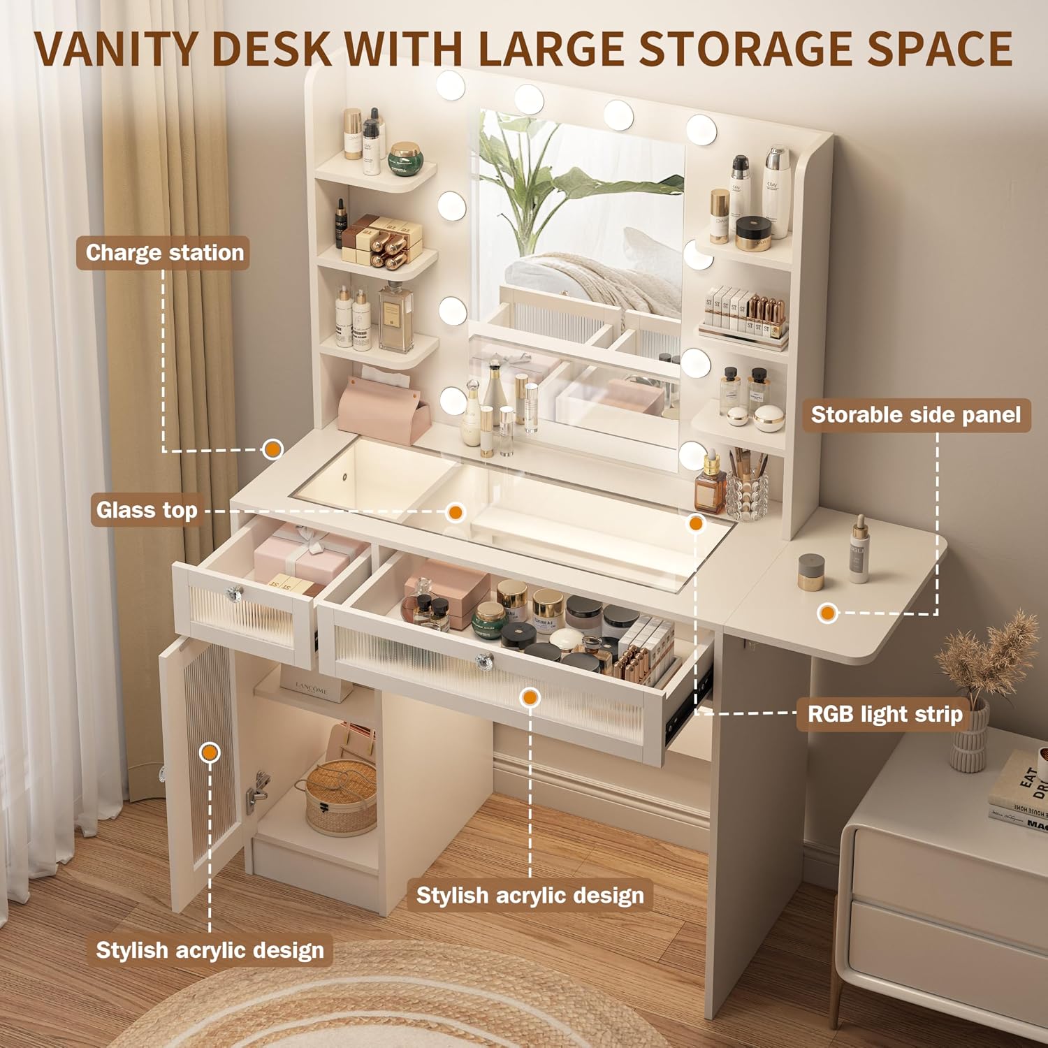 White Vanity Desk, Makeup Vanity Desk with Mirror & Lights, Vanity Table with 2 RGB Drawers 6 Shelves Power Outlet Transparent Top Storage Cabinet Dressing Tables with 10 LED Bulbs, 3 Color Modes