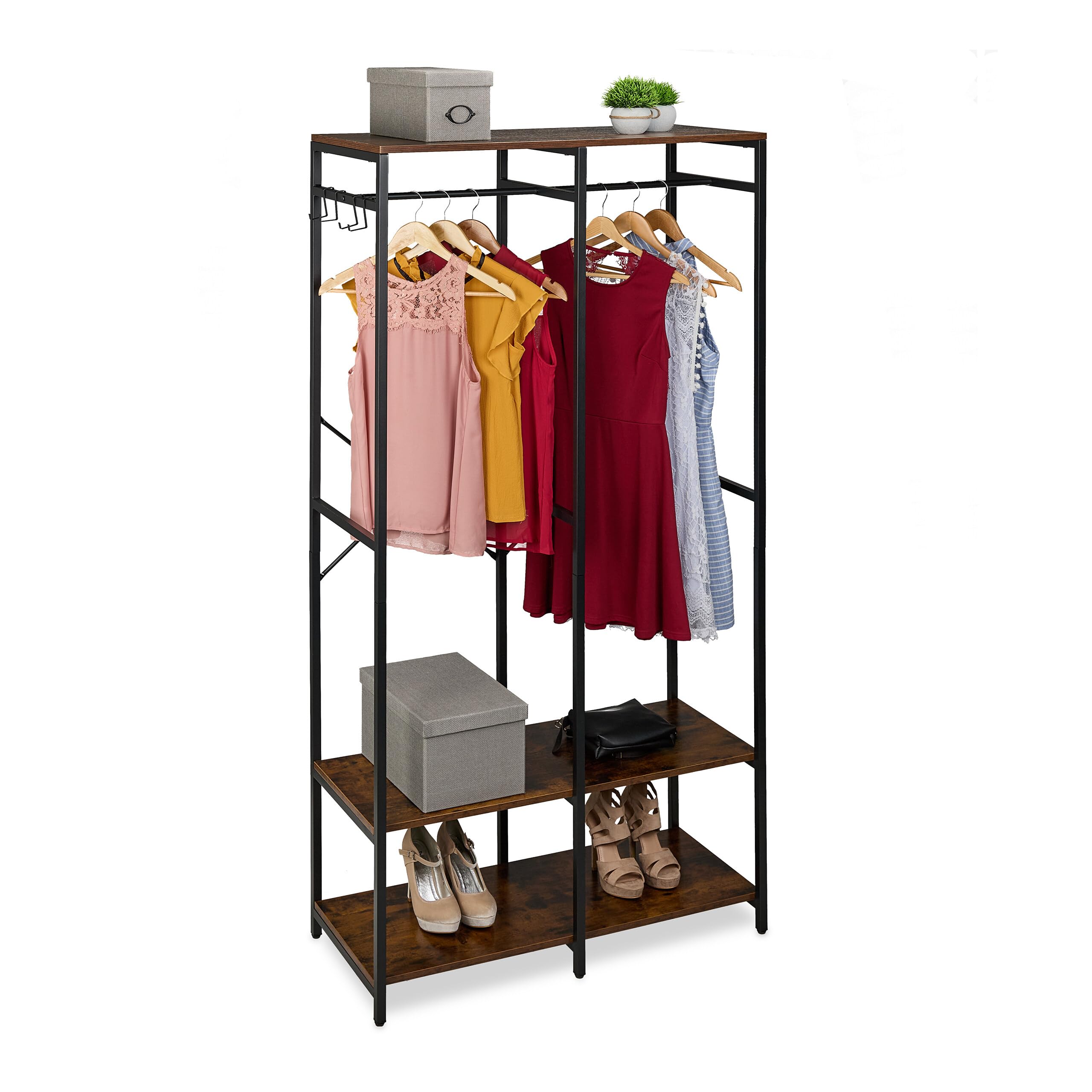 Porte-manteau ouvert avec étagères armoire dressing métal noir marron