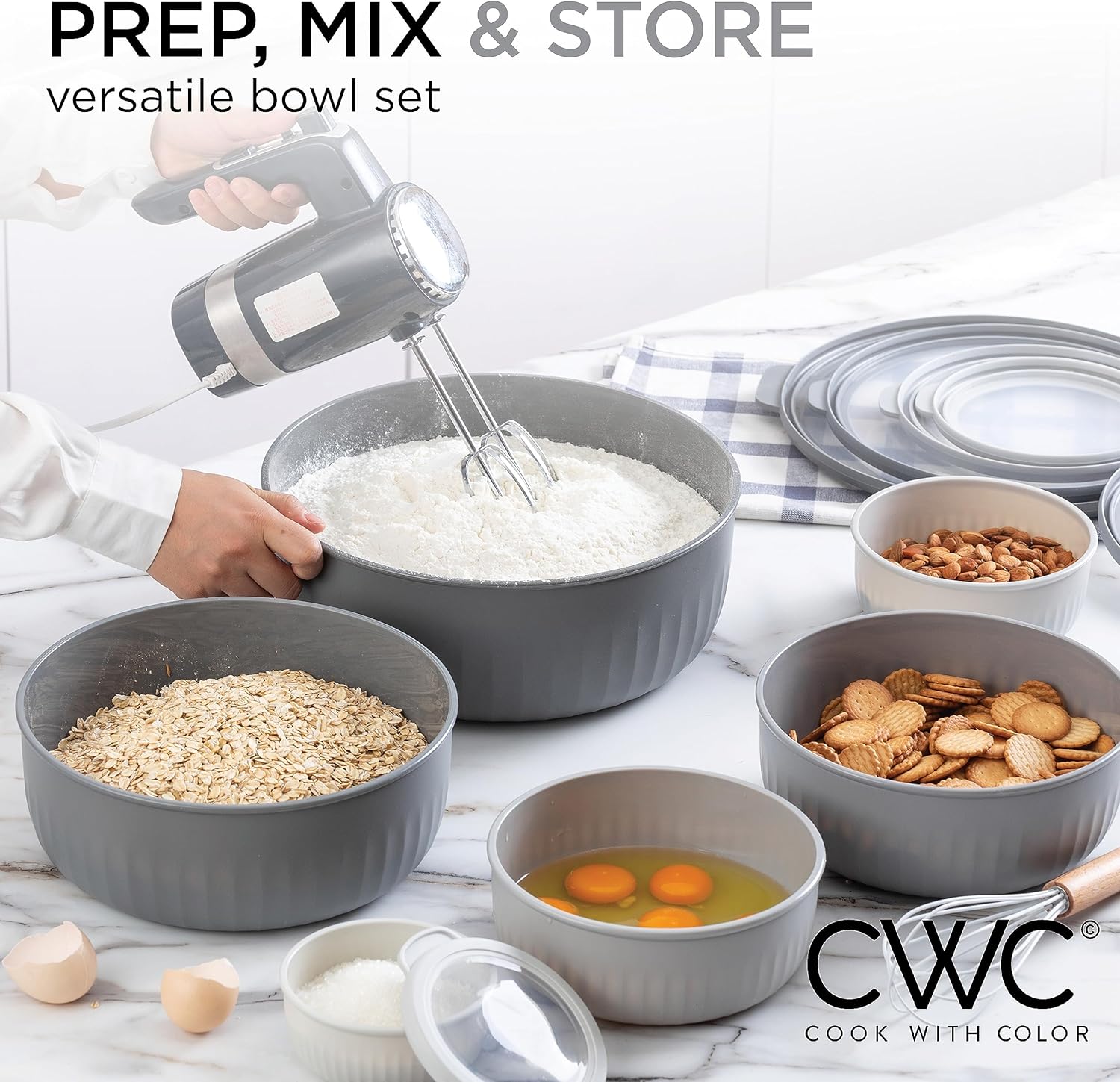 COOK WITH COLOR Prep Bowls with Lids- Wide and Deep Nesting Plastic Small Mixing Bowl Set with Lids, 12 Piece Set - Wide Bowls, Gray - Image 6
