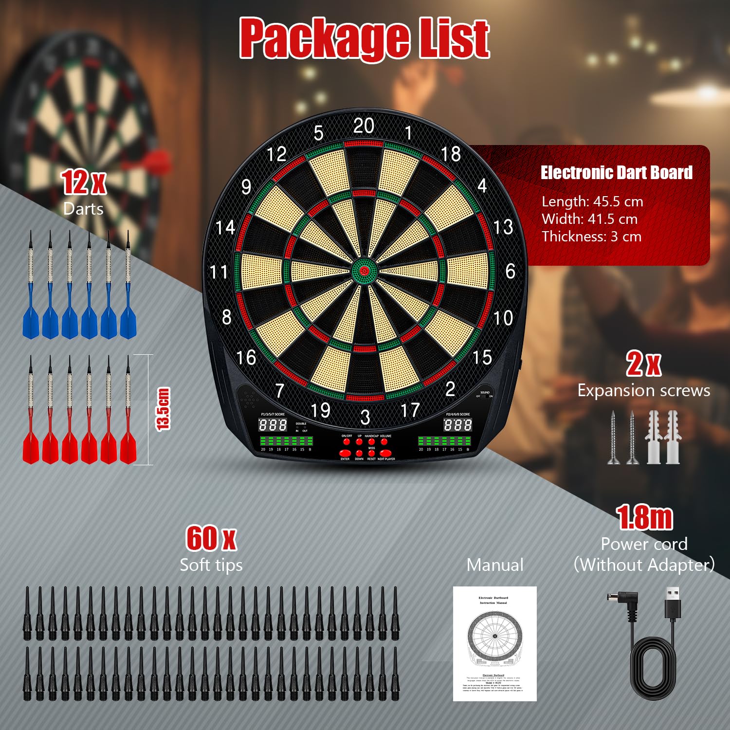 Cible Flechette Électronique avec 35 Jeux, Écran LCD, Instructions Vocales, 12 Fléchettes Souples, Comptage Automatique des Points
