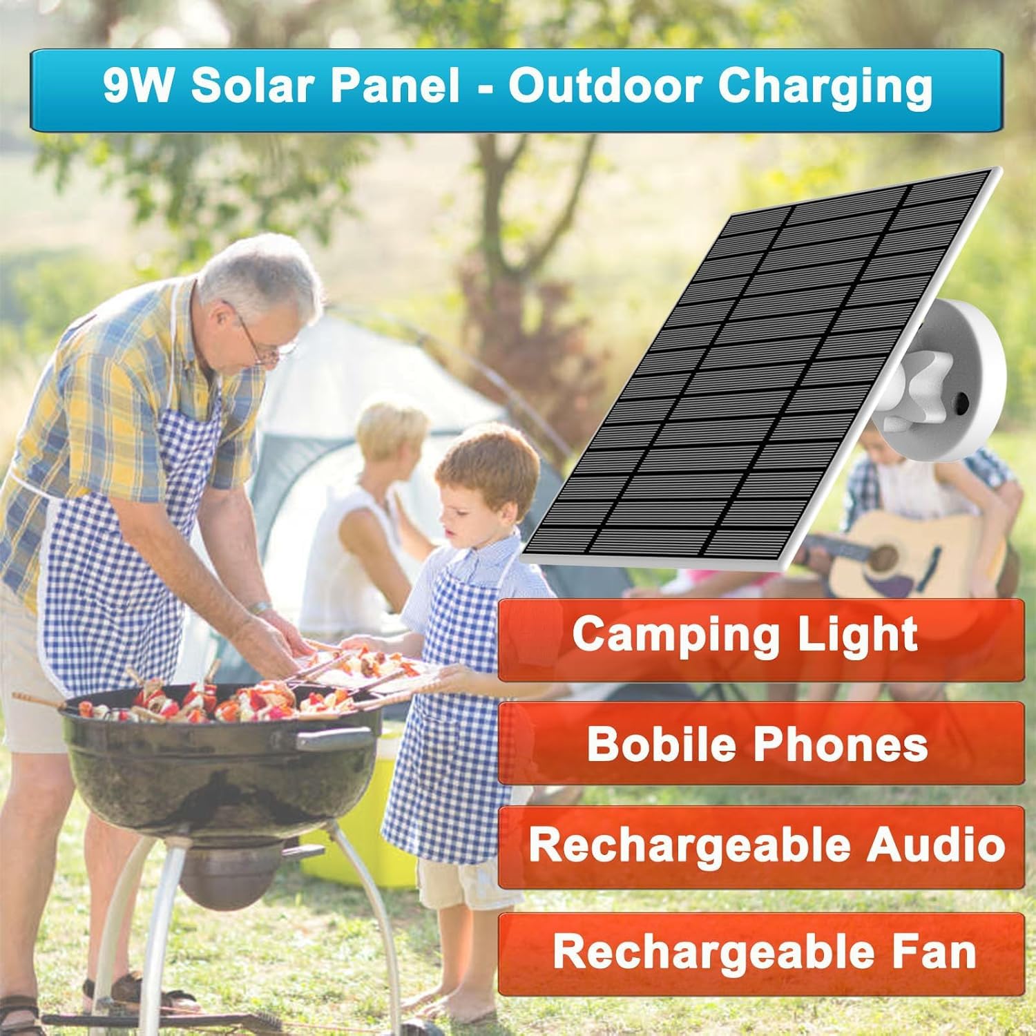 Panneau solaire 9W/5V pour caméra de sécurité avec câble de charge 3 en 1 de 3m (micro USB,connecteurs Type-C et DC3,5x1,35),étanchéité IP66,compatible avec les caméras à batterie faible