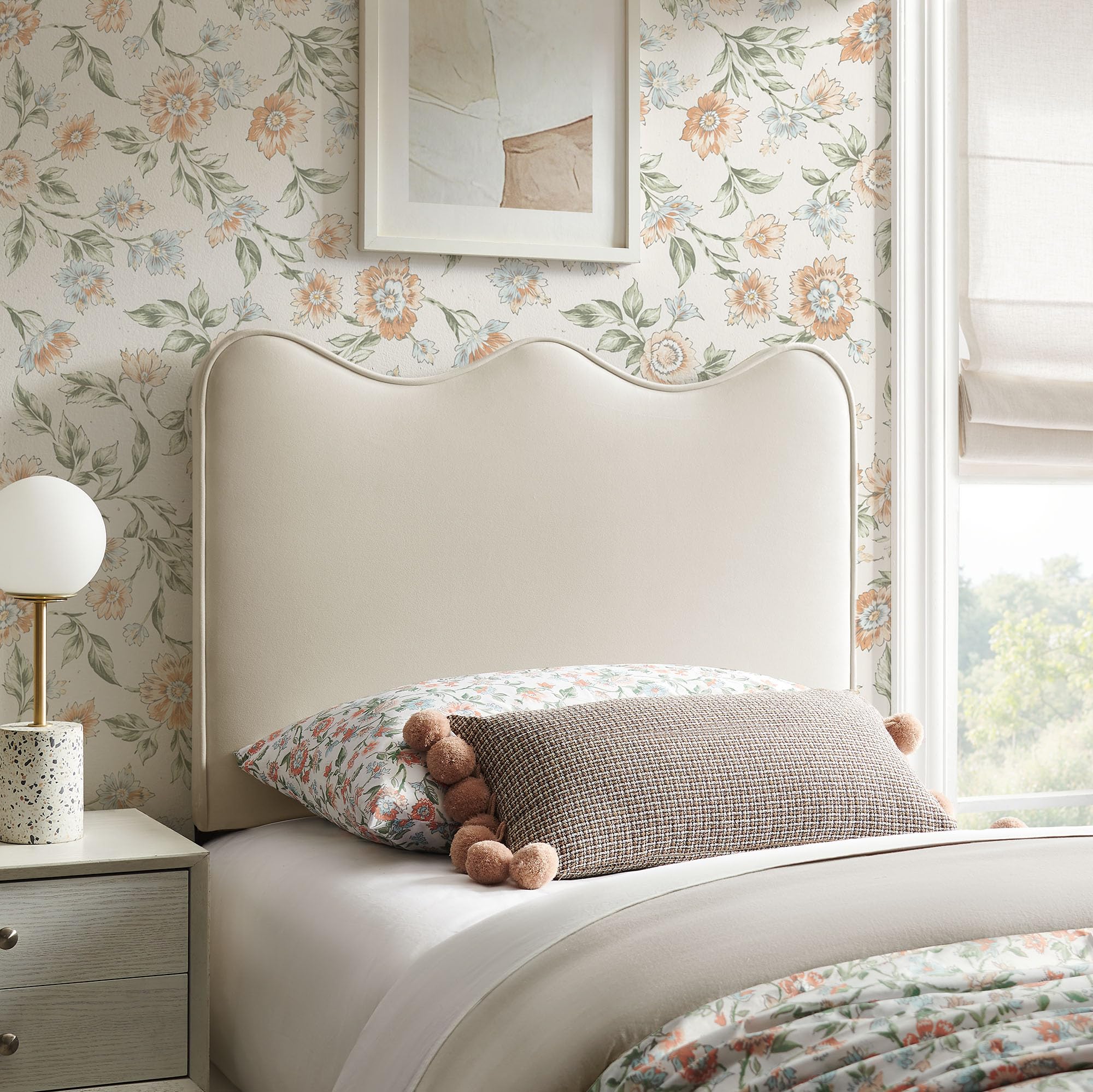 Monday Athena Twin Size Performance Velvet Adjustable Headboard in Almond - with Scalloped Wave Design and Stain-Resistant Velvet Upholstery