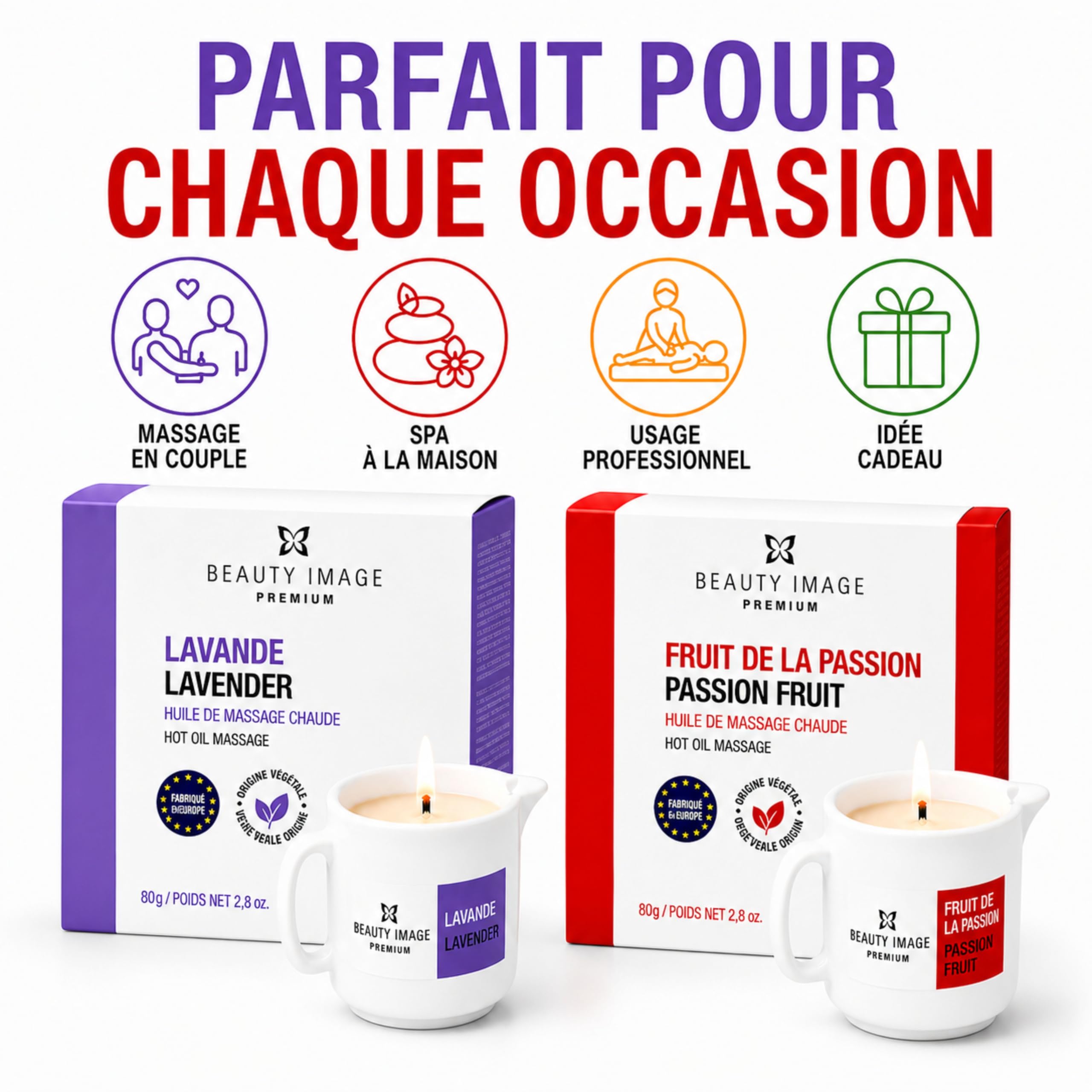 BEAUTY IMAGE Pack de 2 Grandes Bougies de Massage - Fruit de la Passion - Lavande [80 gr de 4 à 5 Massages Corporels par Bougie]. Huile Chaude pour Massage Professionnel. Qualité Fabriqué en Europe.