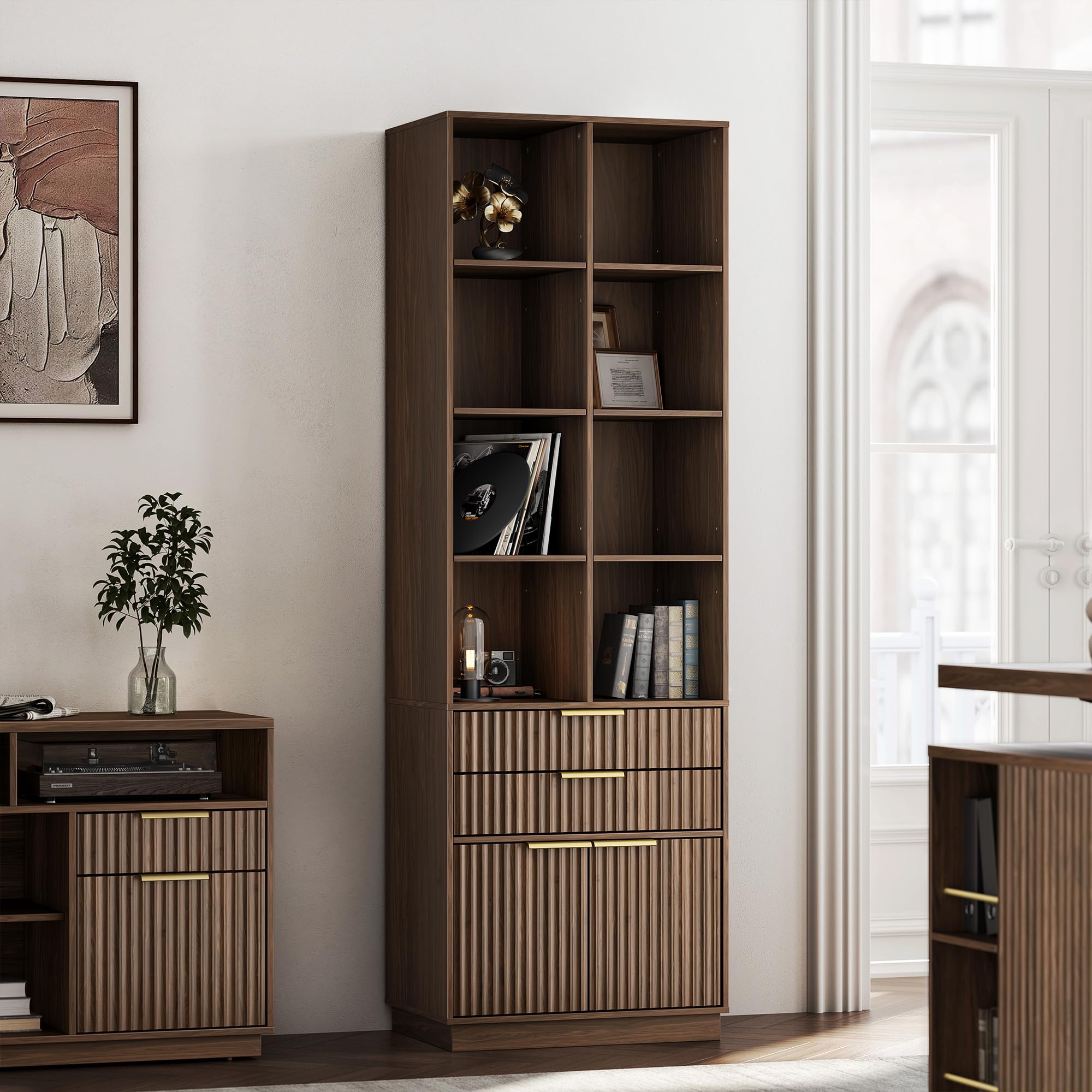 Bookshelf Bookcase with Doors and 2 Drawers Fluted Tall Bookshelf with 4-Tier Storage Shelves 73 inch Wooden Book