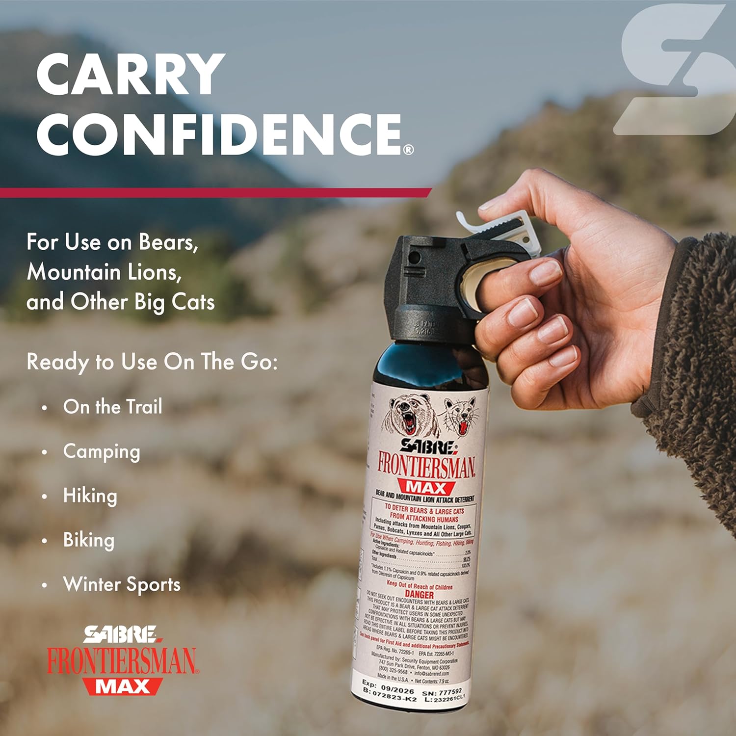 SABRE Frontiersman MAX Bear Spray – 40 ft Range, Maximum Strength, The Only EPA-Registered Spray for Bears & Mountain Lions, 9.2 oz, Glow Safety Clip, Outdoor Hiking & Camping Protection