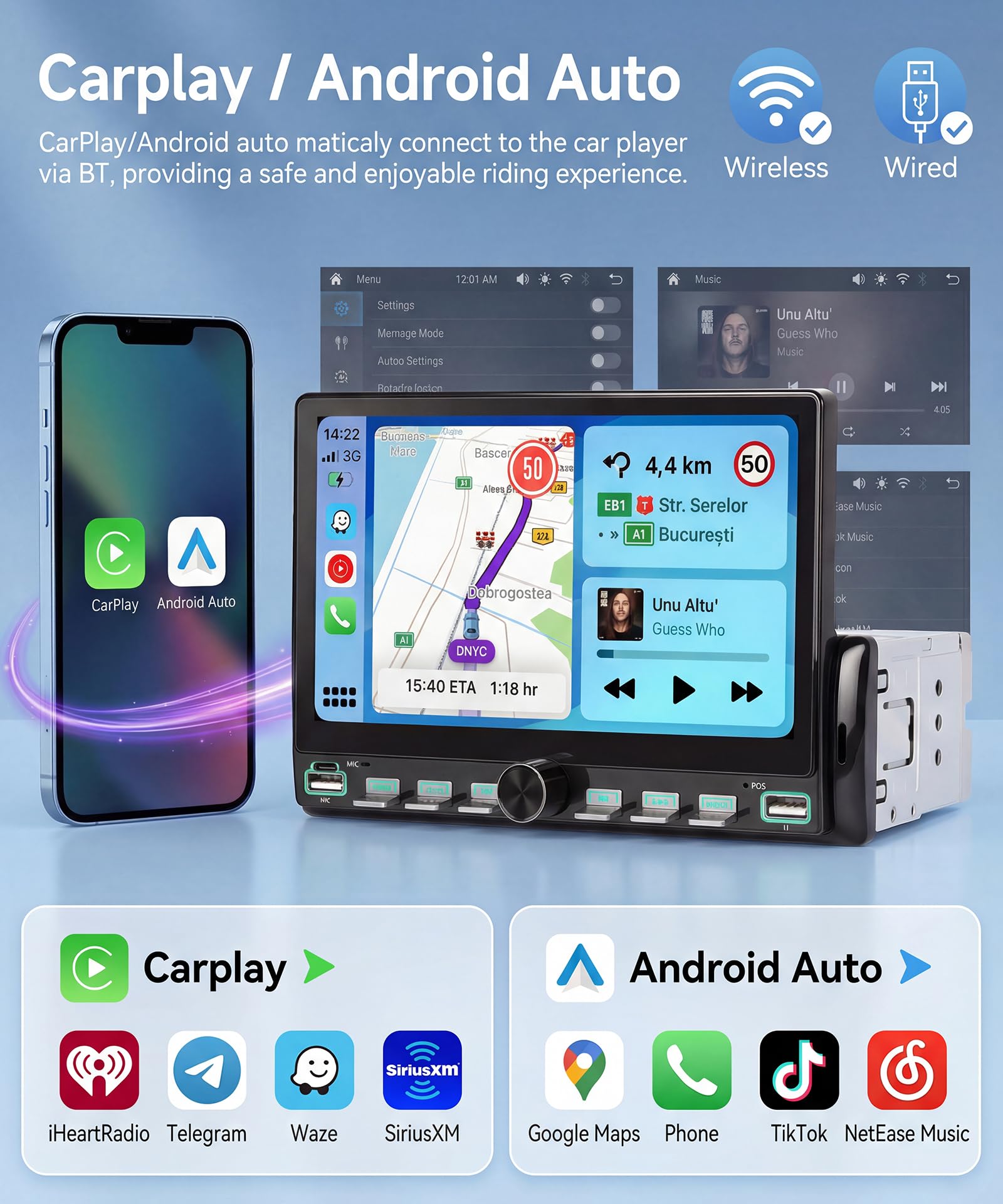 Rimoody Radio de Coche 1 DIN con Inalámbrico Carplay You-Tube Android Auto, 7 Pulgadas Pantalla Táctil Radio Coche iOS/Android Mirror Link Bluetooth FM Radio USB/EQ Control del Volante Cámara Trasera