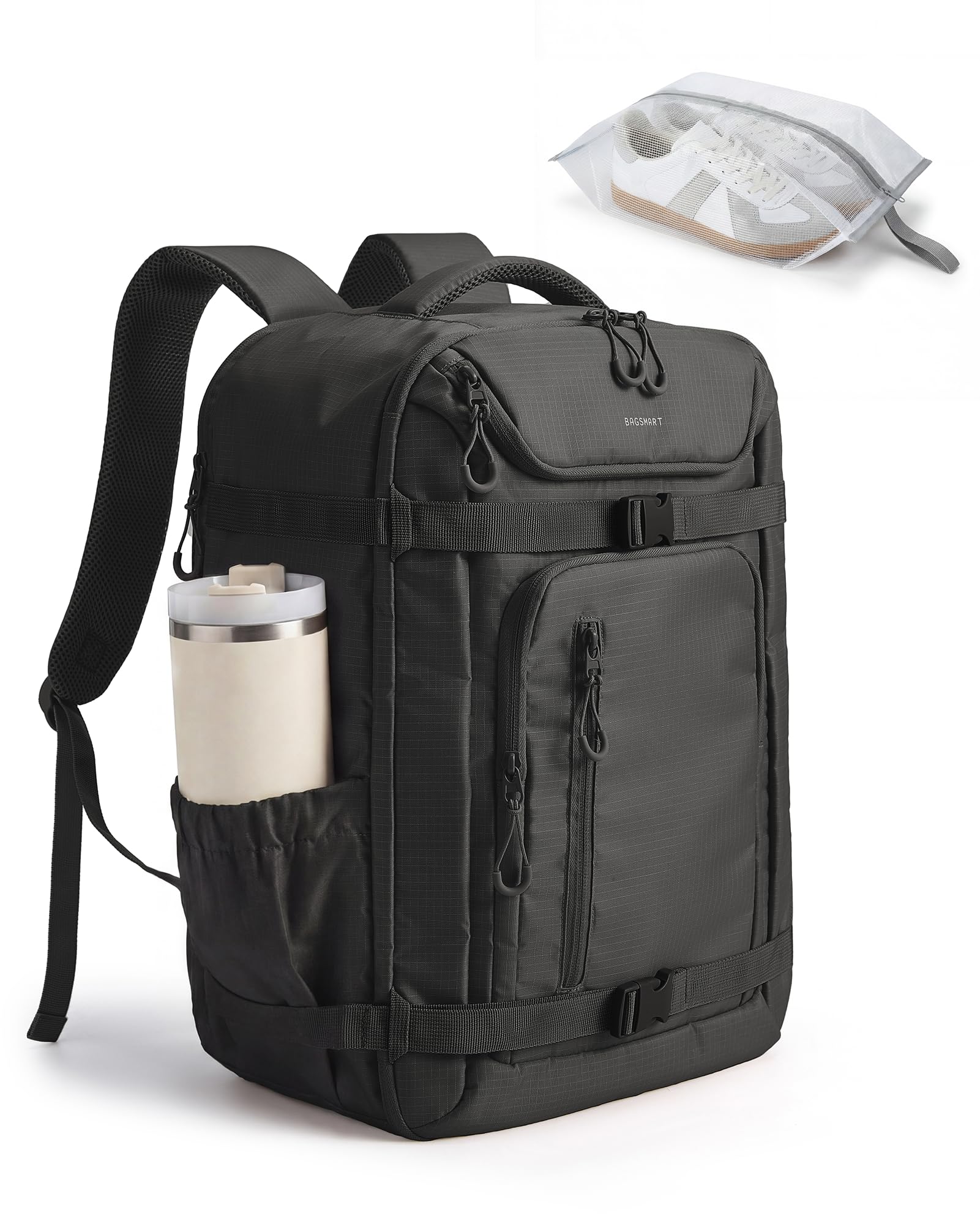 BAGSMART 40L Travel Backpack for Women & Men Fits 17-Inch Laptop, Airline Approved Carry On Backpack with Wet Pocket & Shoe Pouch, Water-Resistant Personal Item Travel Bag, Black - 1