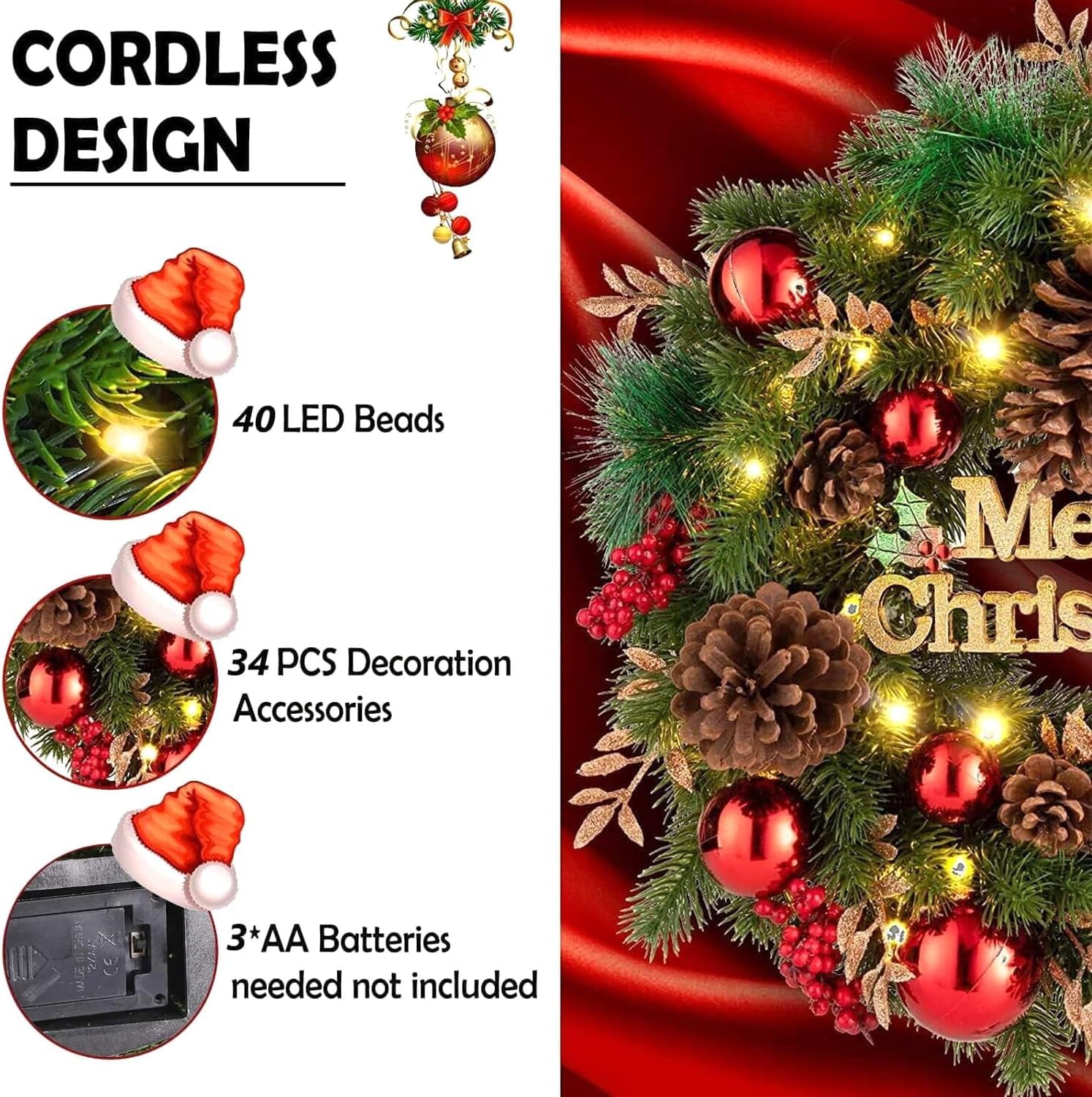 Avoalre 40cm Ghirlanda Natalizia con Luci LED Ghirlanda Natale a Batteria con Timer 8 Modalità Ghirlanda Natalizia per Porta Scale Camino Murale Finestre Interno Esterno Natale Decorazione