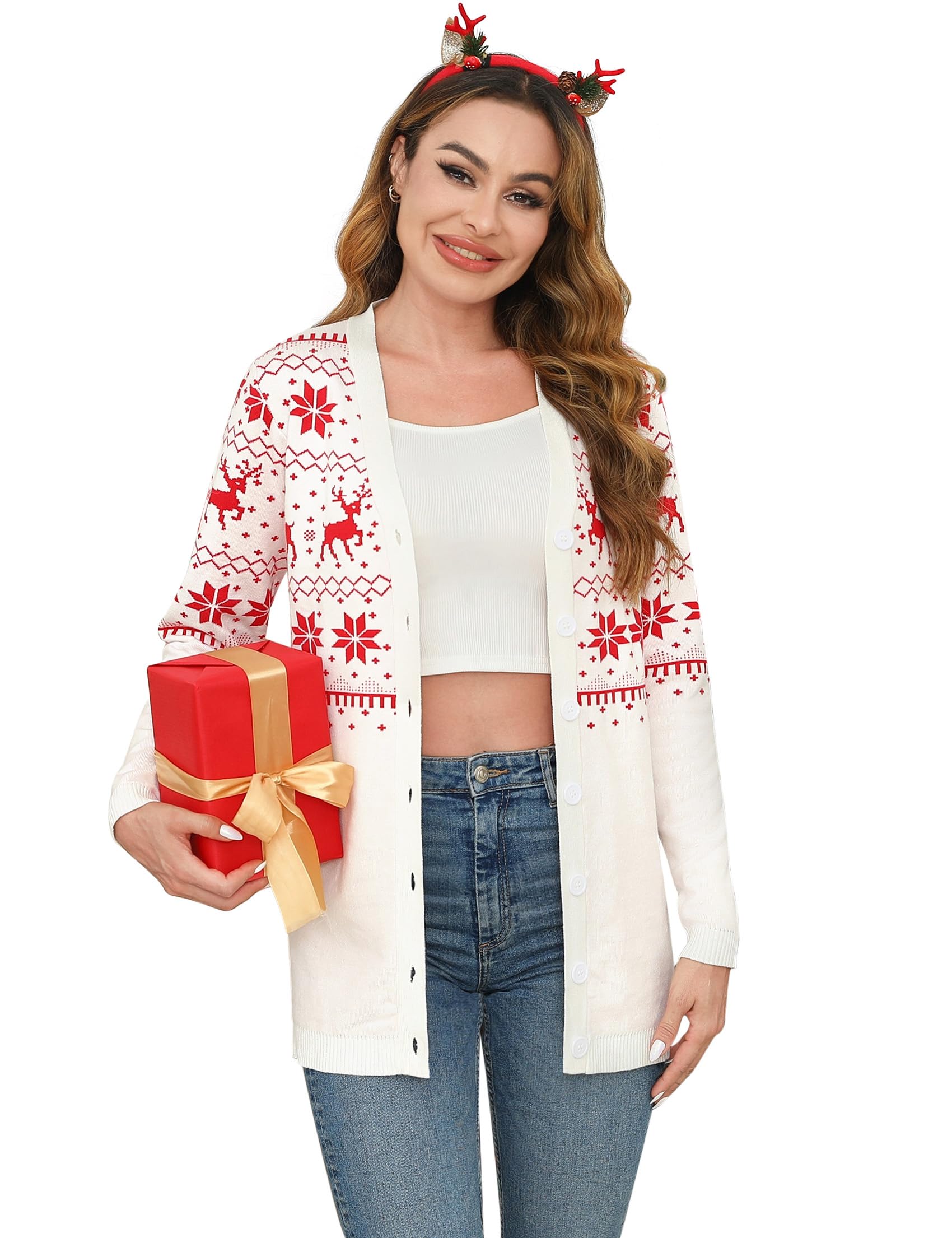 iClosam Weihnachts Strickjacke Damen V Ausschnitt mit Knöpfen Langarm | Weiches Strickgefühl, Angenehme Wärme, Lange Ärmel, für Herbst Und Winter, Bequemer Alltag, Festlicher Winterlook