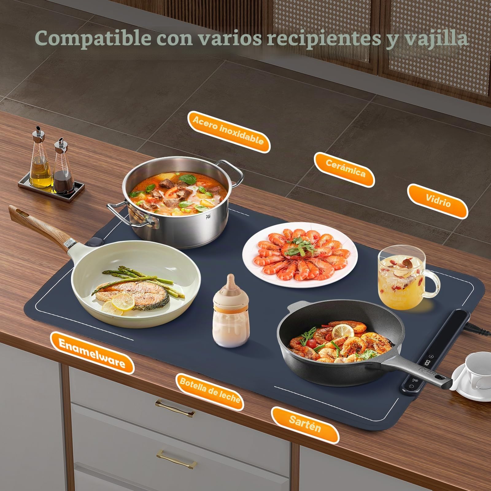 Euakee Bandeja Calefactora Eléctrica, Calentador de Comida Regulable de 40°C a 100°C, con Temporizador de 1 a 24 Horas, Pantalla LCD, para Bufés, Familia, Fiestas, Eventos, Oficina, 61 x 40 cm
