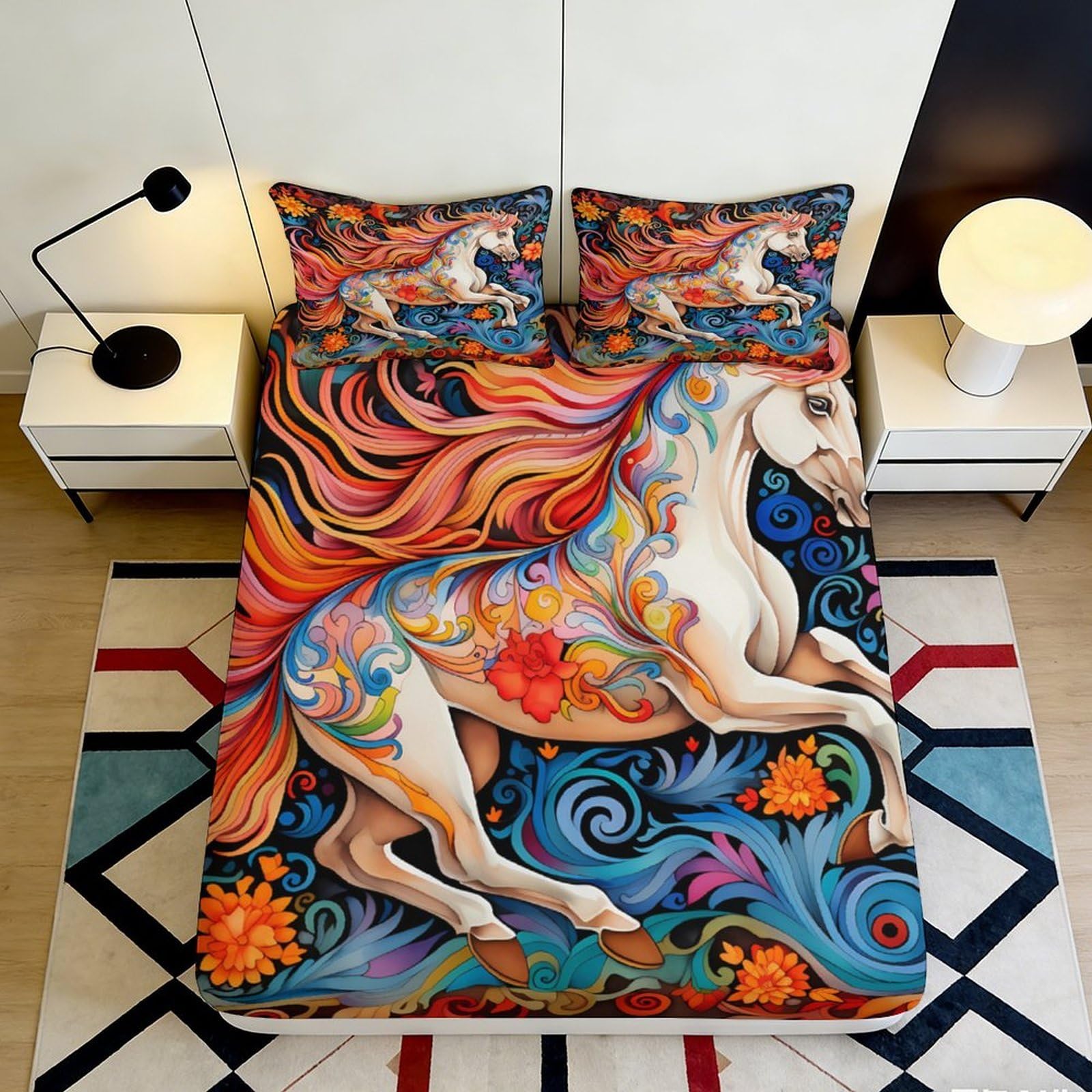 3D Printed Fantasy Horse Fitted Sheet Microfiber Elastic Hem Bedding Set Fantasy Horse Mattress Fitted Cover Deep Pocket Washable 140x200x25cm